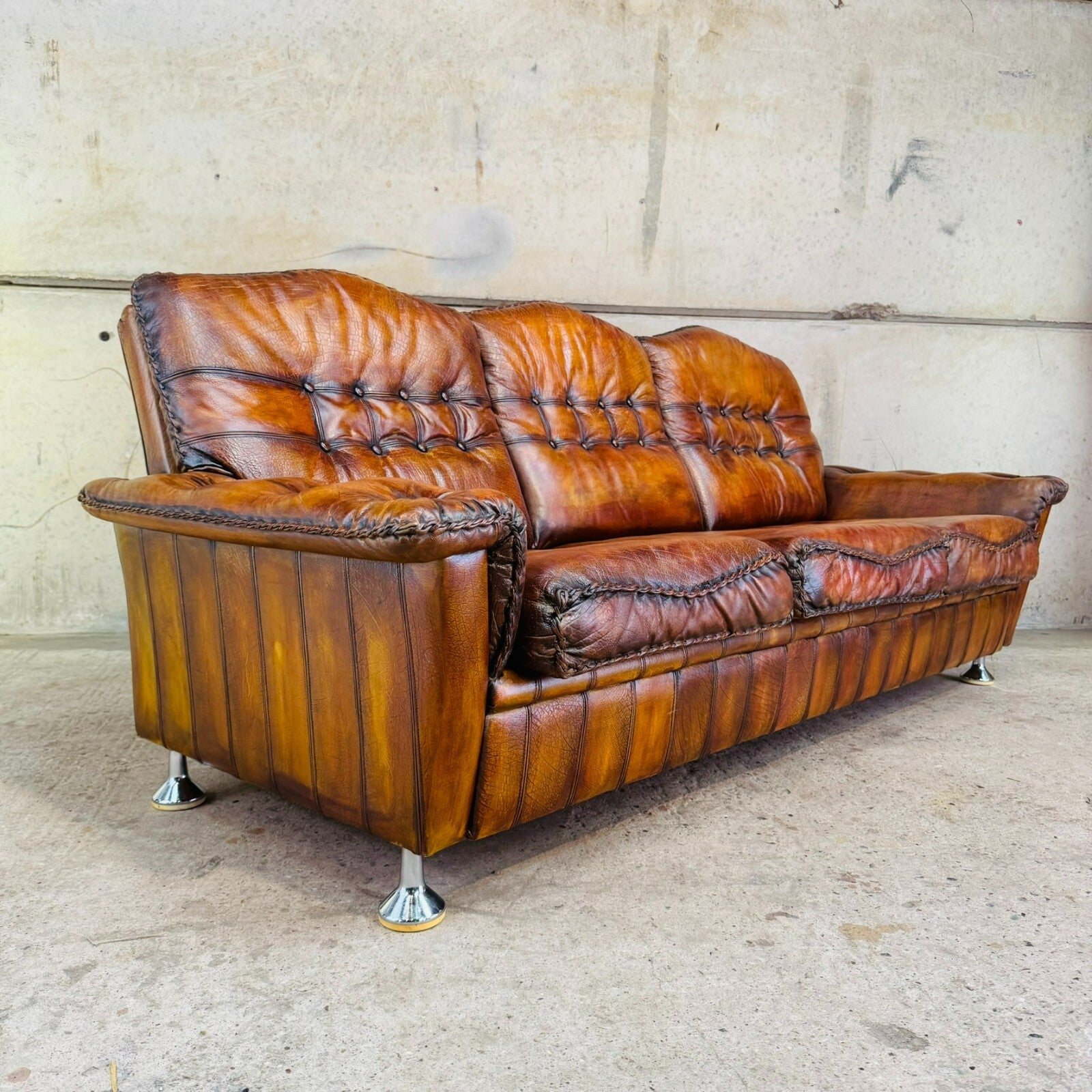 1970s Danish Rustic Tan Leather Three-Seater Sofa – Full Grain Buffalo