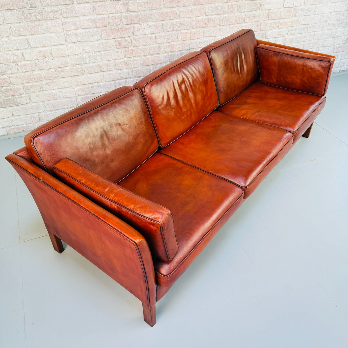 1970s Vintage Danish Tan Cognac Leather 3 Seater Sofa – Hand Dyed Patina
