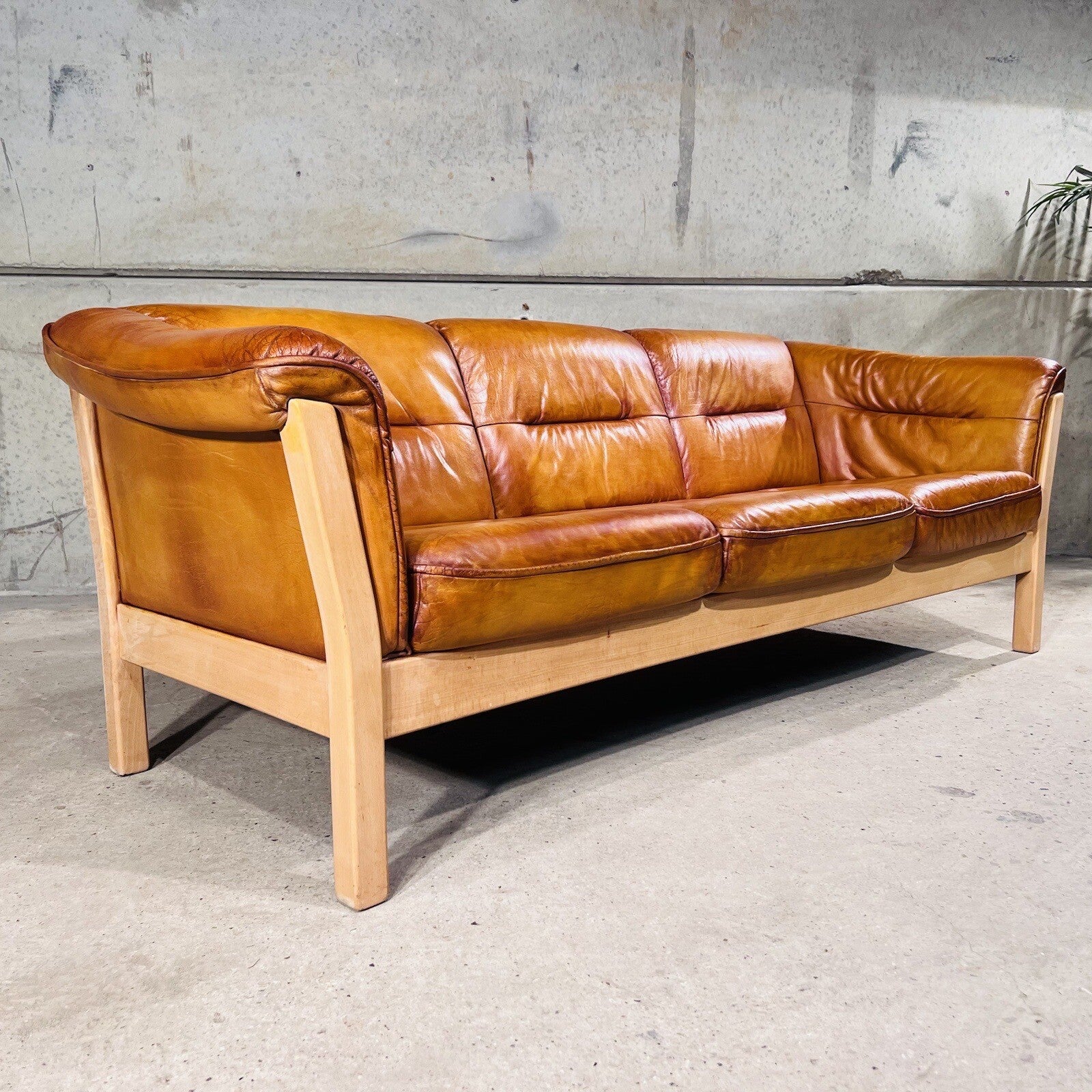 Long Vintage Swedish Three-Seater Patinated  Tan Leather Sofa