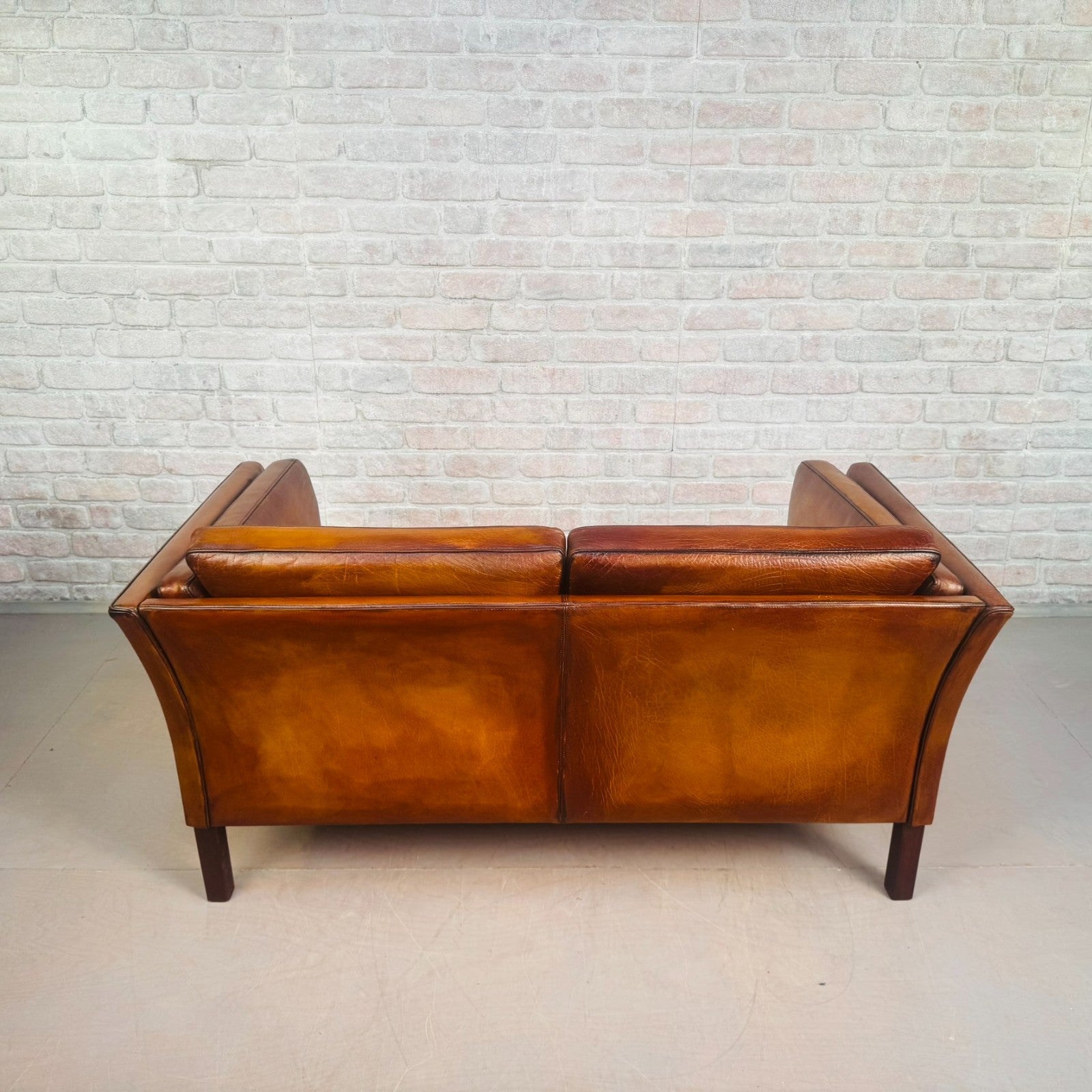 Vintage Danish Tan Leather 2 Seater Sofa Compact Mid Century Space Saver