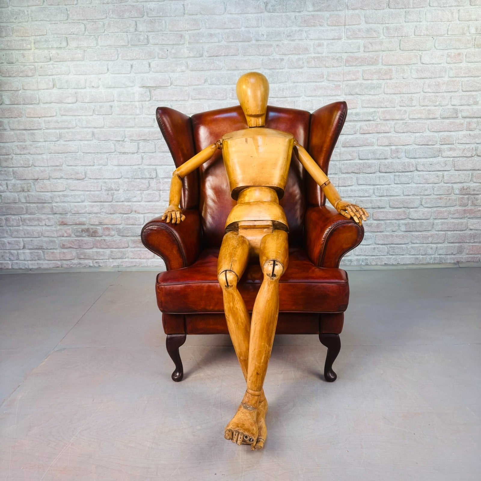 Vintage Danish Wingback Tan Leather Chair & Footstool