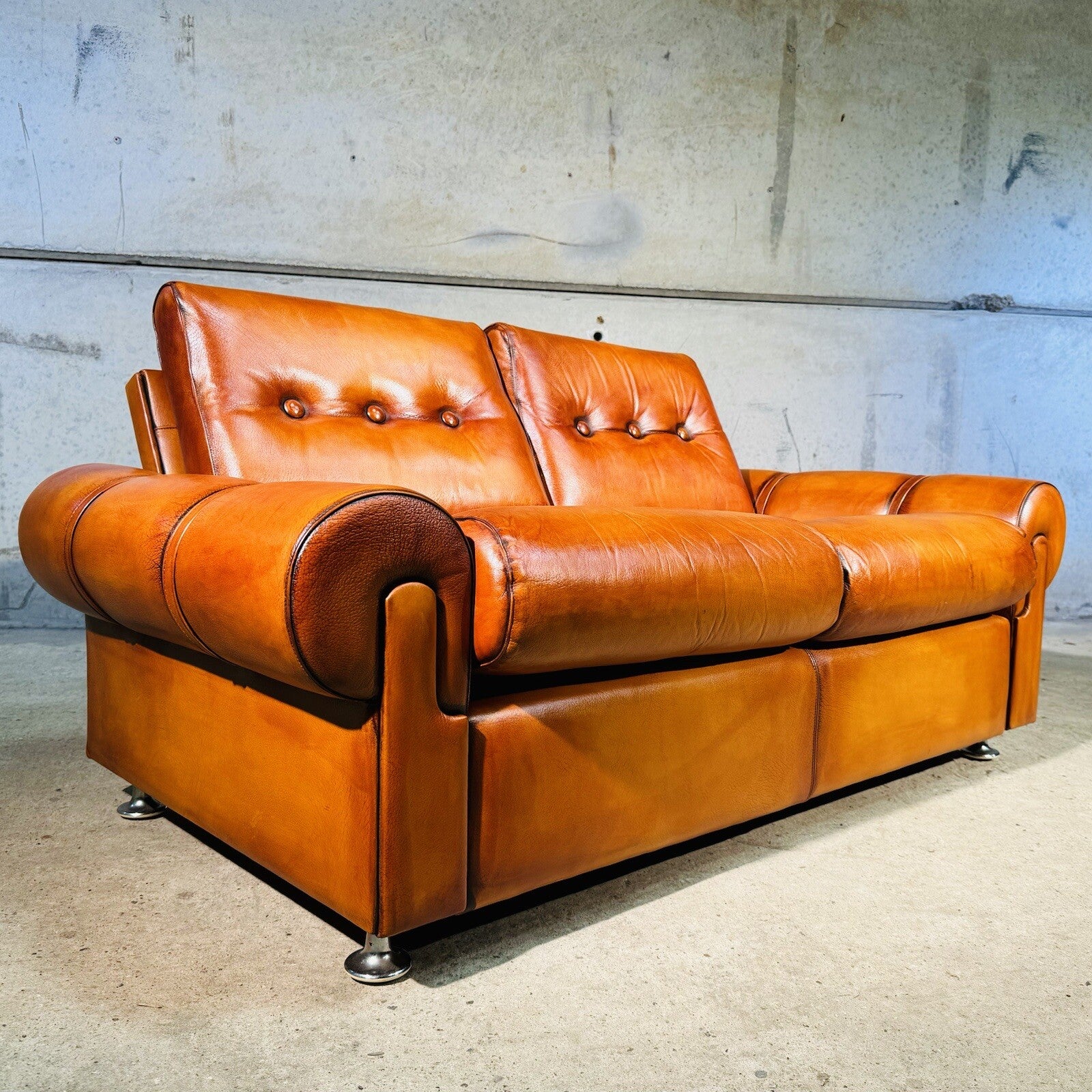 Vintage  RetroDanish Leather  Two Seater Sofa Hand Dyed Tan, Strap Detail