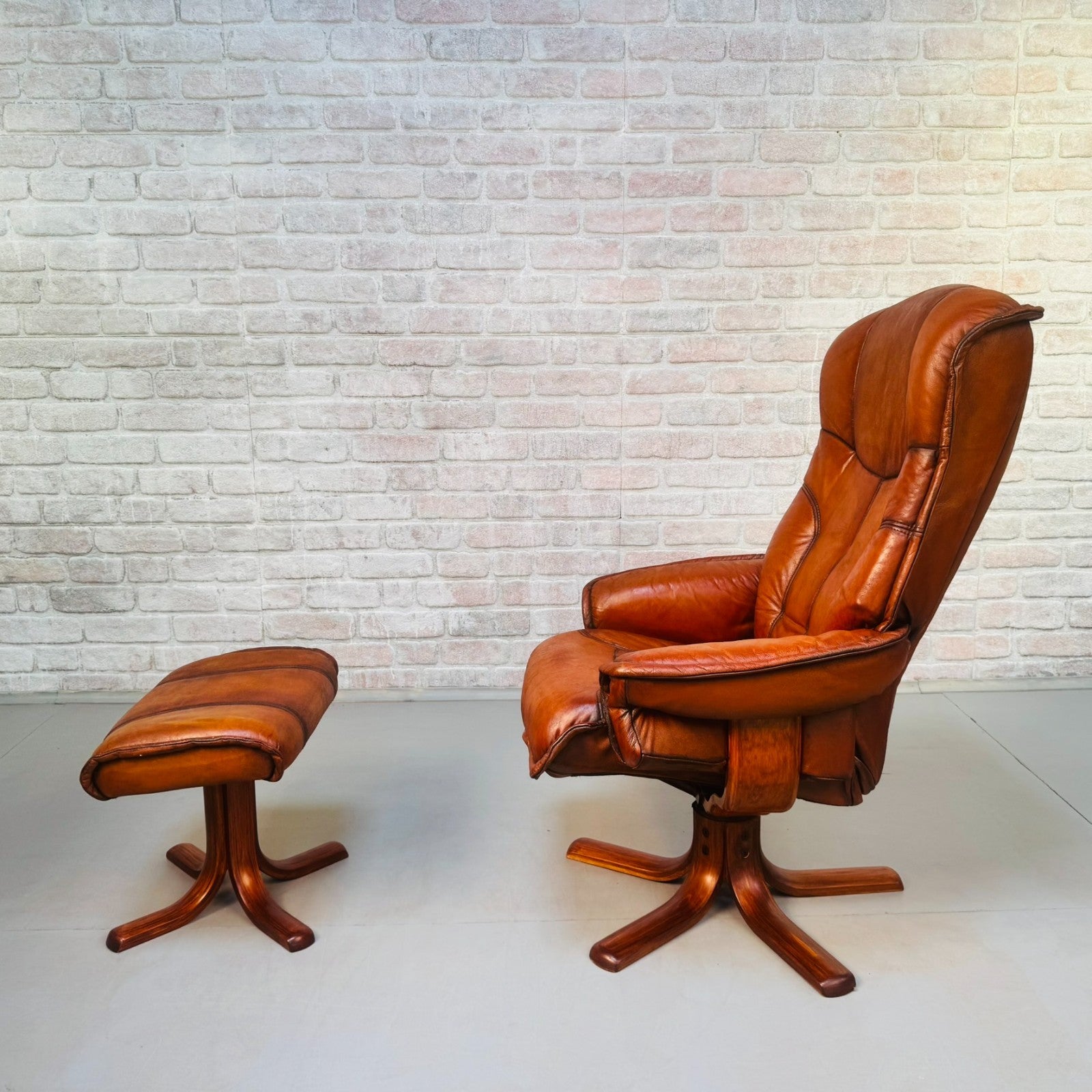 Vintage Danish Reclining Swivel Chair & Footstool | Hand Dyed Tan Leather