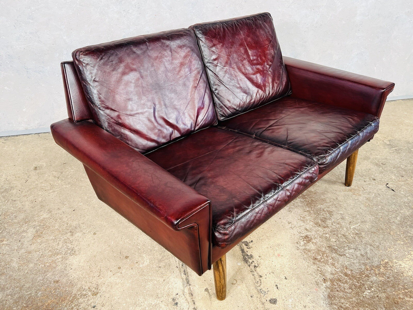 Vintage Svend Skipper Danish 1970 Deep Cherry Leather Two-Seater Leather Sofa