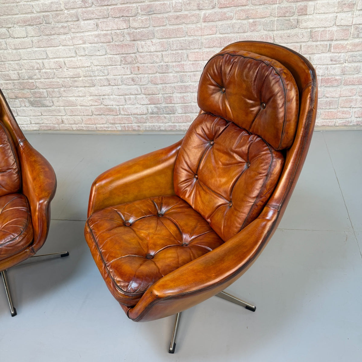 Vintage 1970s H.W. Klein Danish Tan Leather Swivel Egg Chairs & Footstool