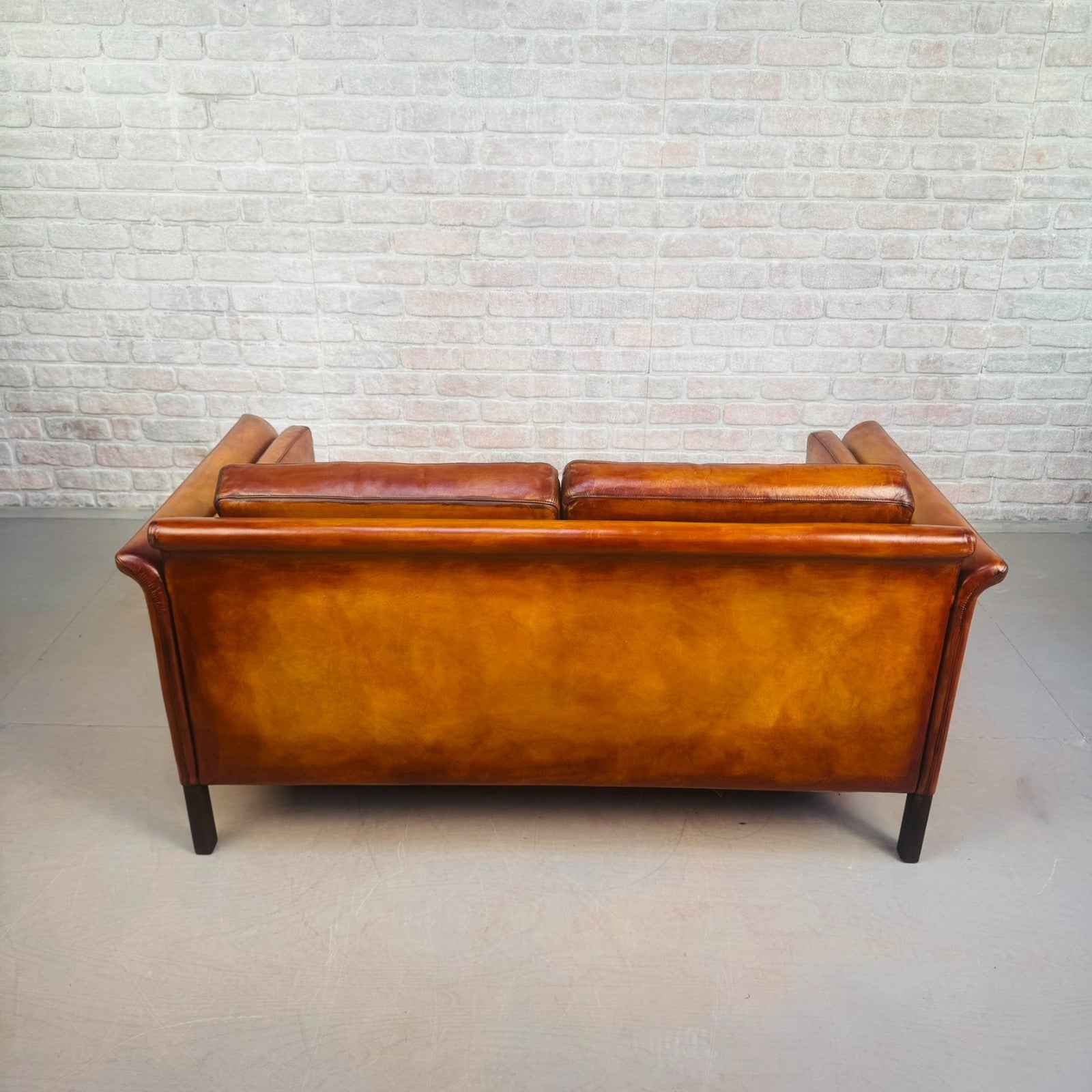 Vintage 1970s Danish Tan Leather 2 Seater Sofa Buttoned Mid Century