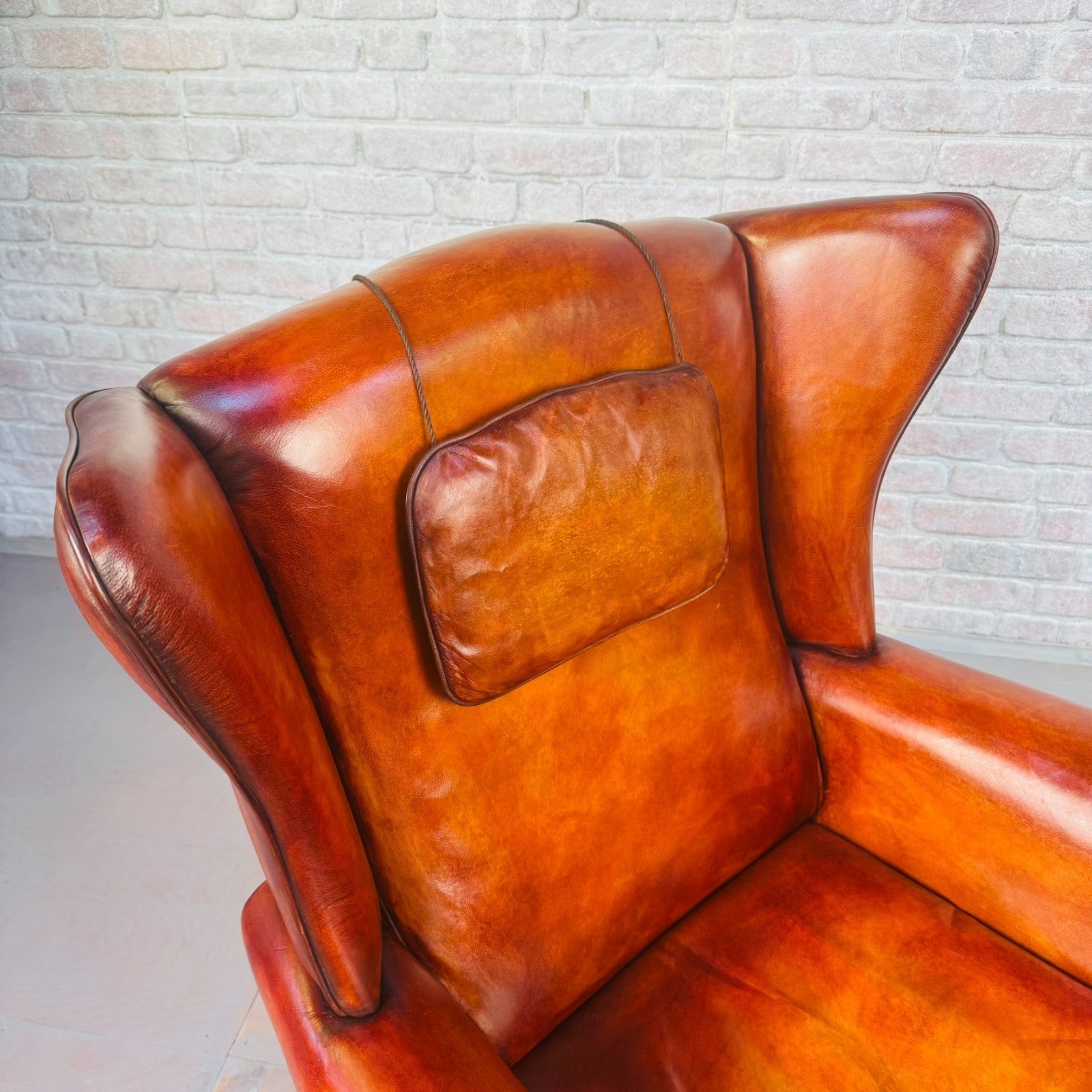 Vintage Danish Wingback Tan Leather Chair & Footstool