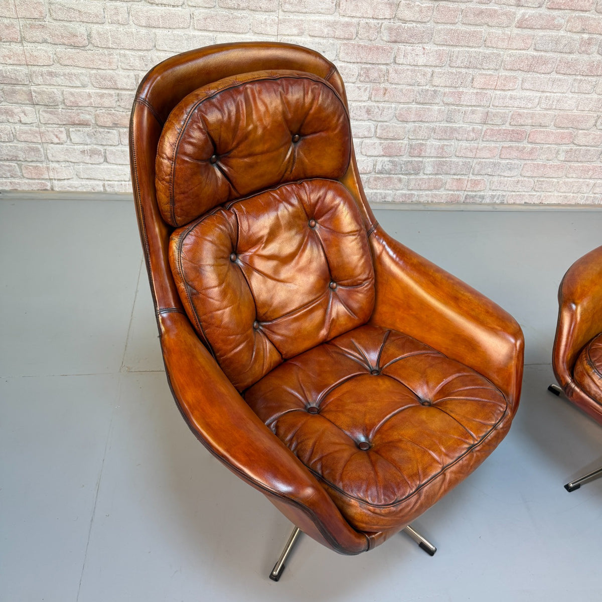 Vintage 1970s H.W. Klein Danish Tan Leather Swivel Egg Chairs & Footstool