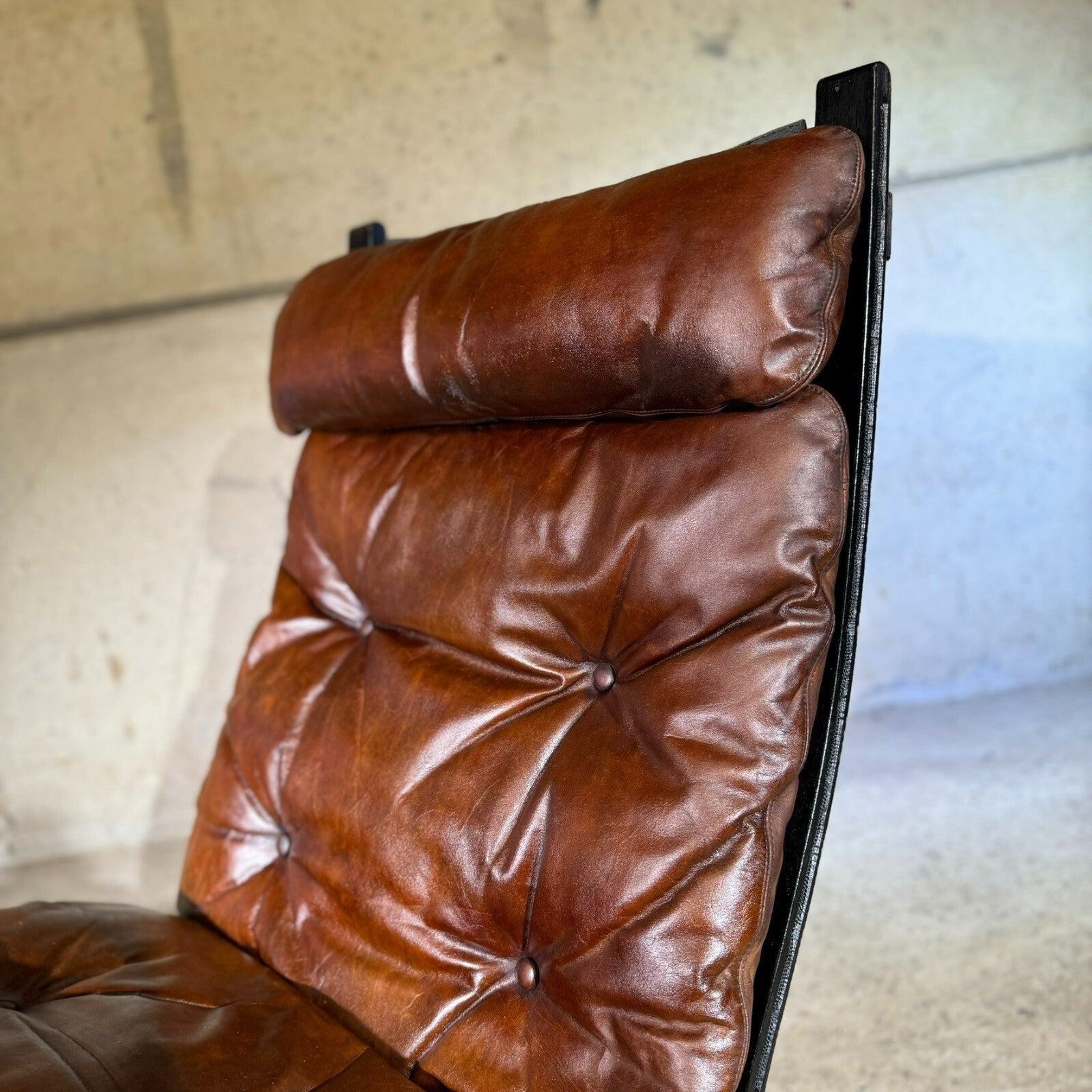 Vintage 1970s Westnofa Highback Tan Leather Chair & Footstool Ebonised Beech