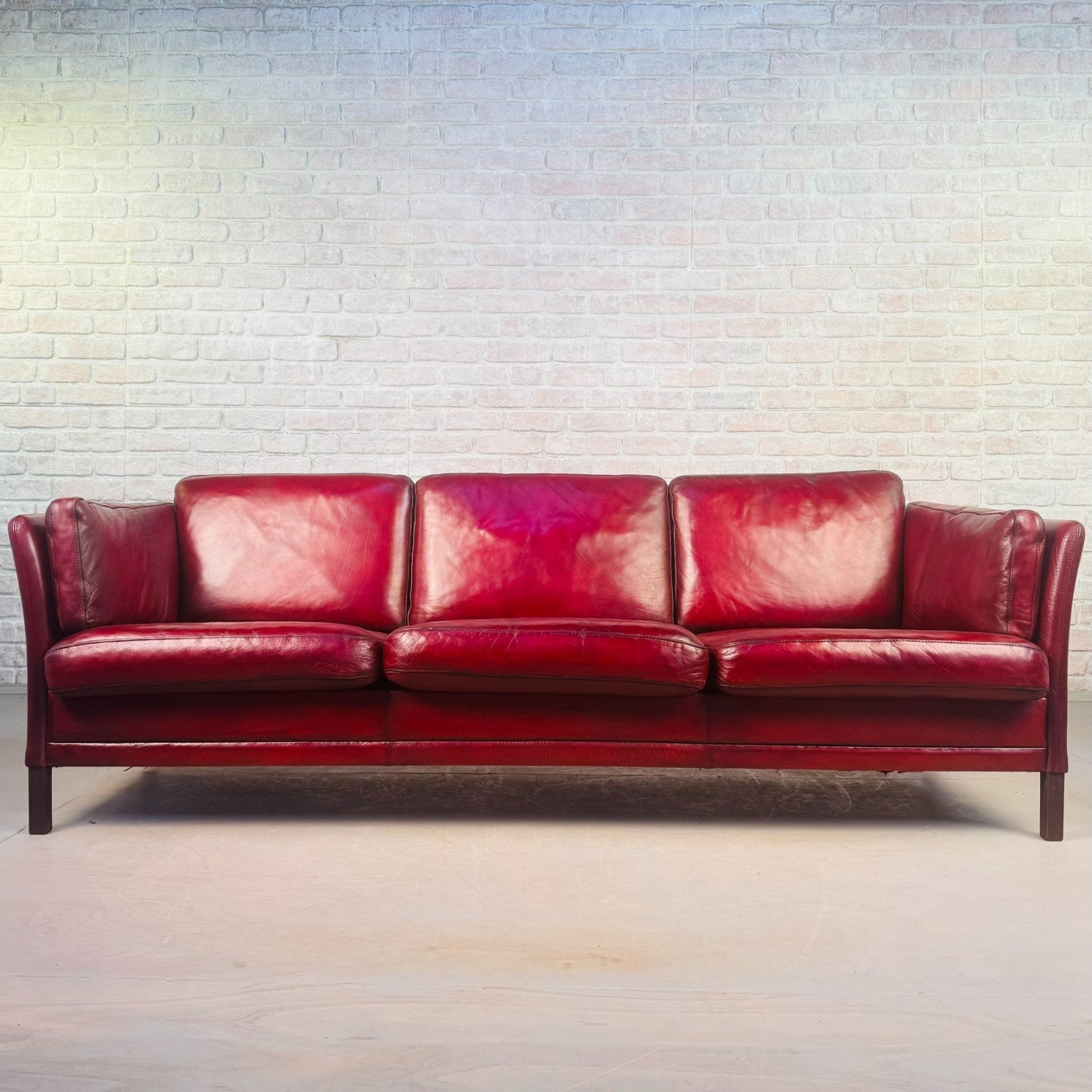 Vintage 1970s Mogens Hansen Danish Red Leather Three-Seater Sofa Mid C