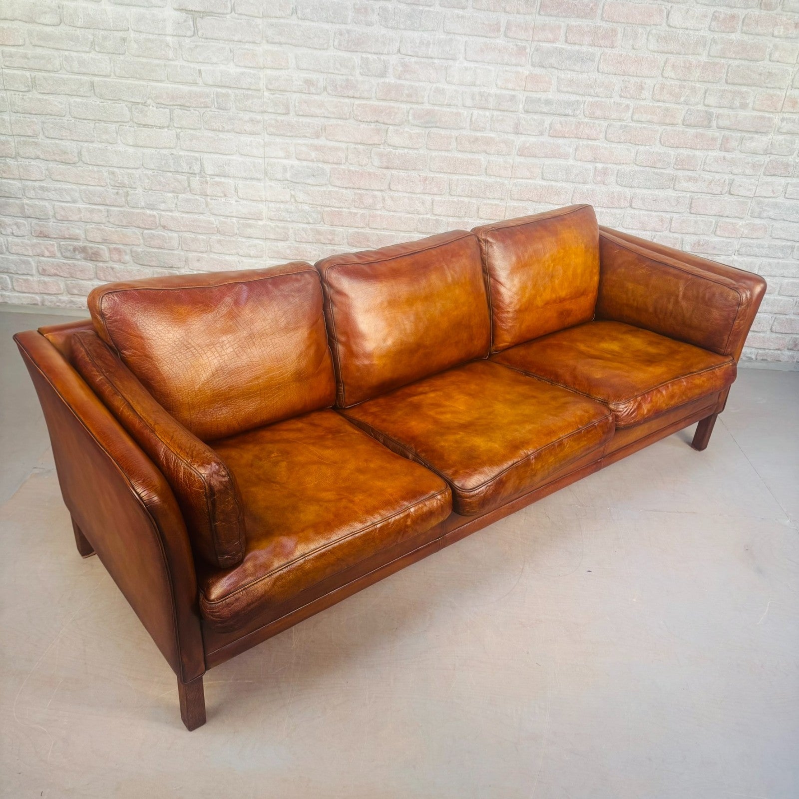 Vintage Long 70s Danish Mogens Hansen Tan Leather 3 Seater Sofa Feather Cushions