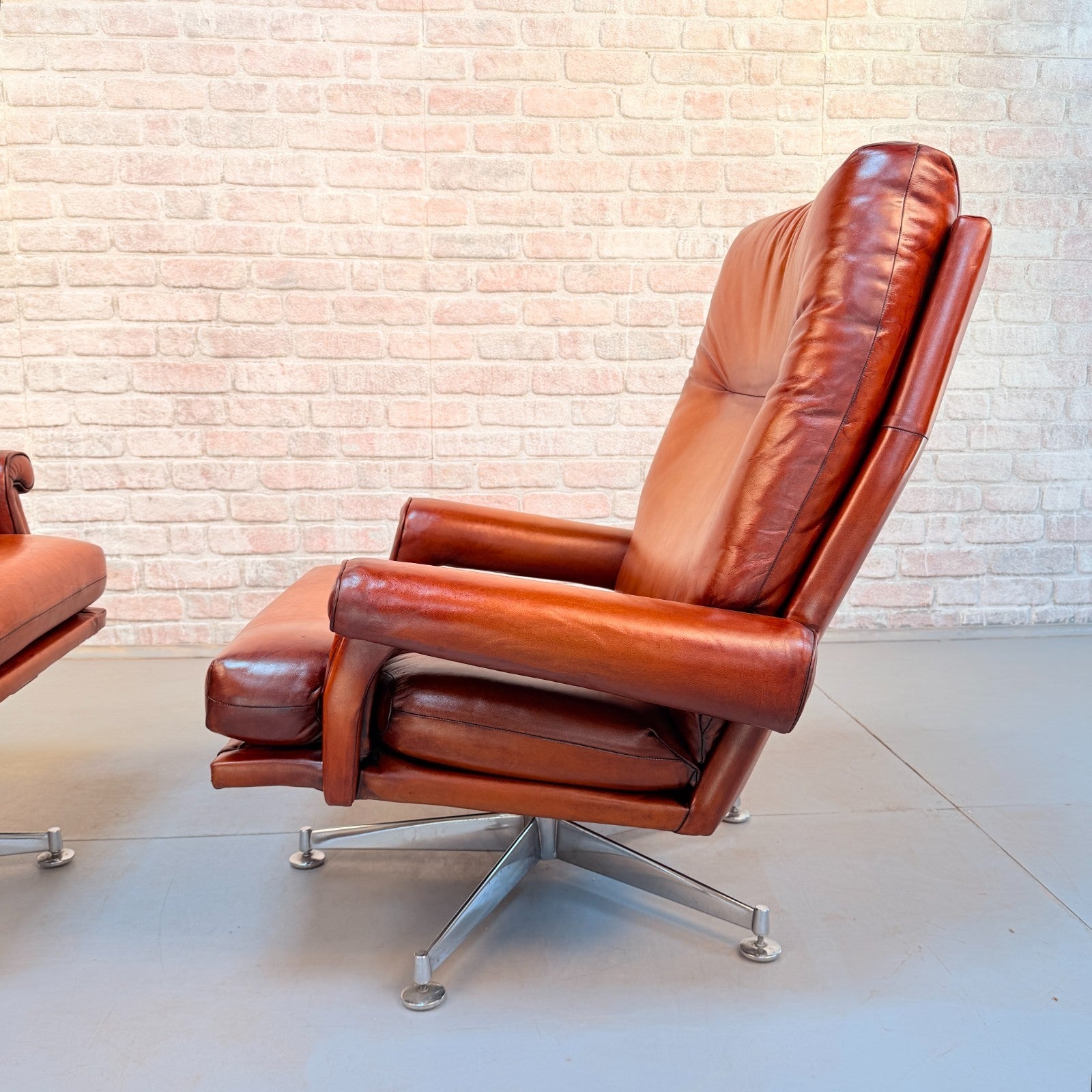 Pair 1970s Howard Keith His & Hers Cognac Leather Swivel Armchairs Vintage
