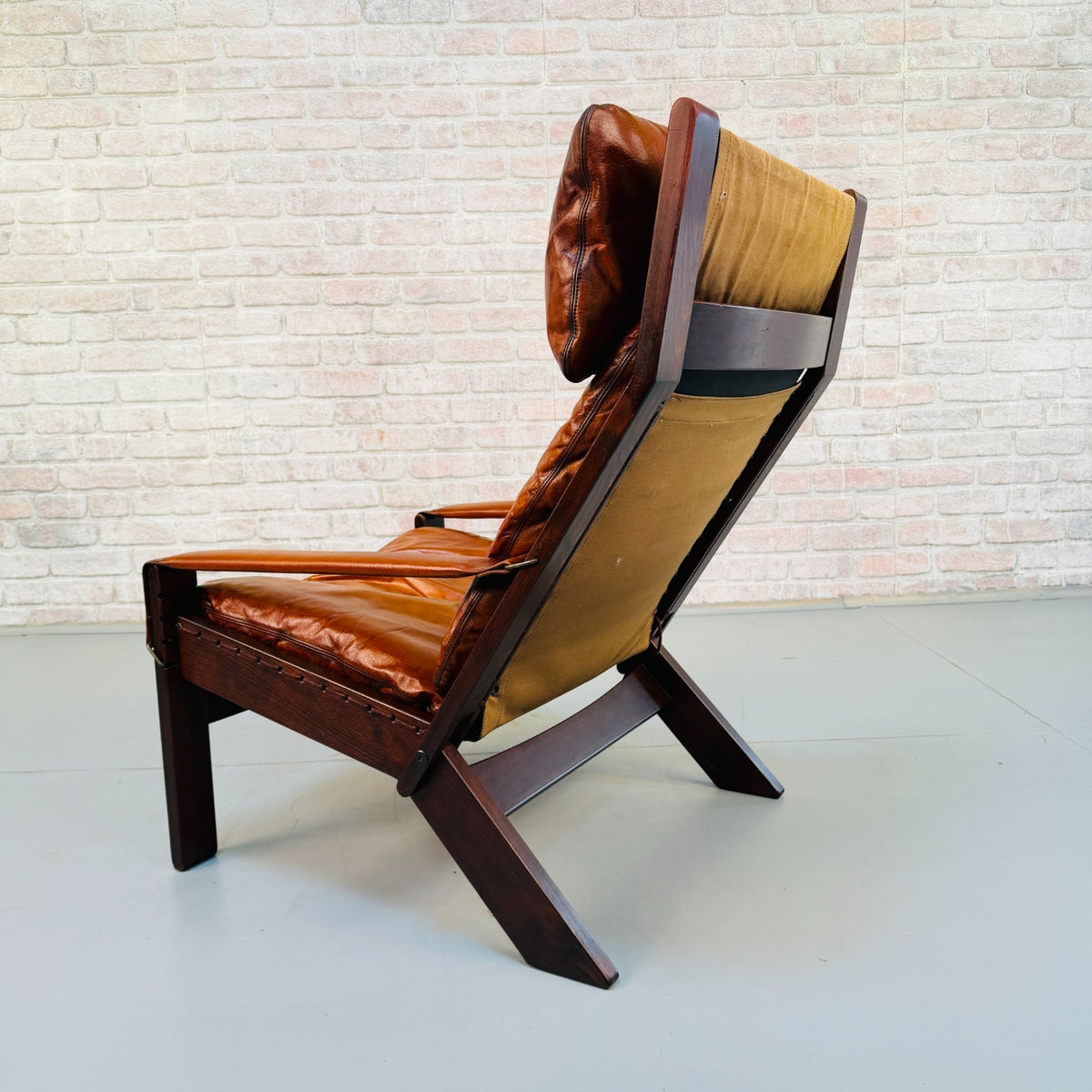Vintage 1960s Danish Tan Leather Reclining High Back Armchair & Footstool