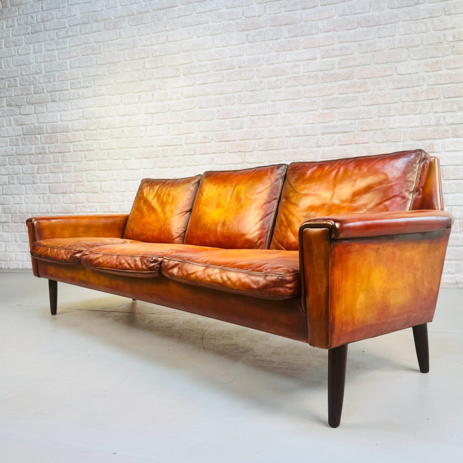 Vintage 1970s Georg Thams Danish Tan Leather Three Seater Sofa
