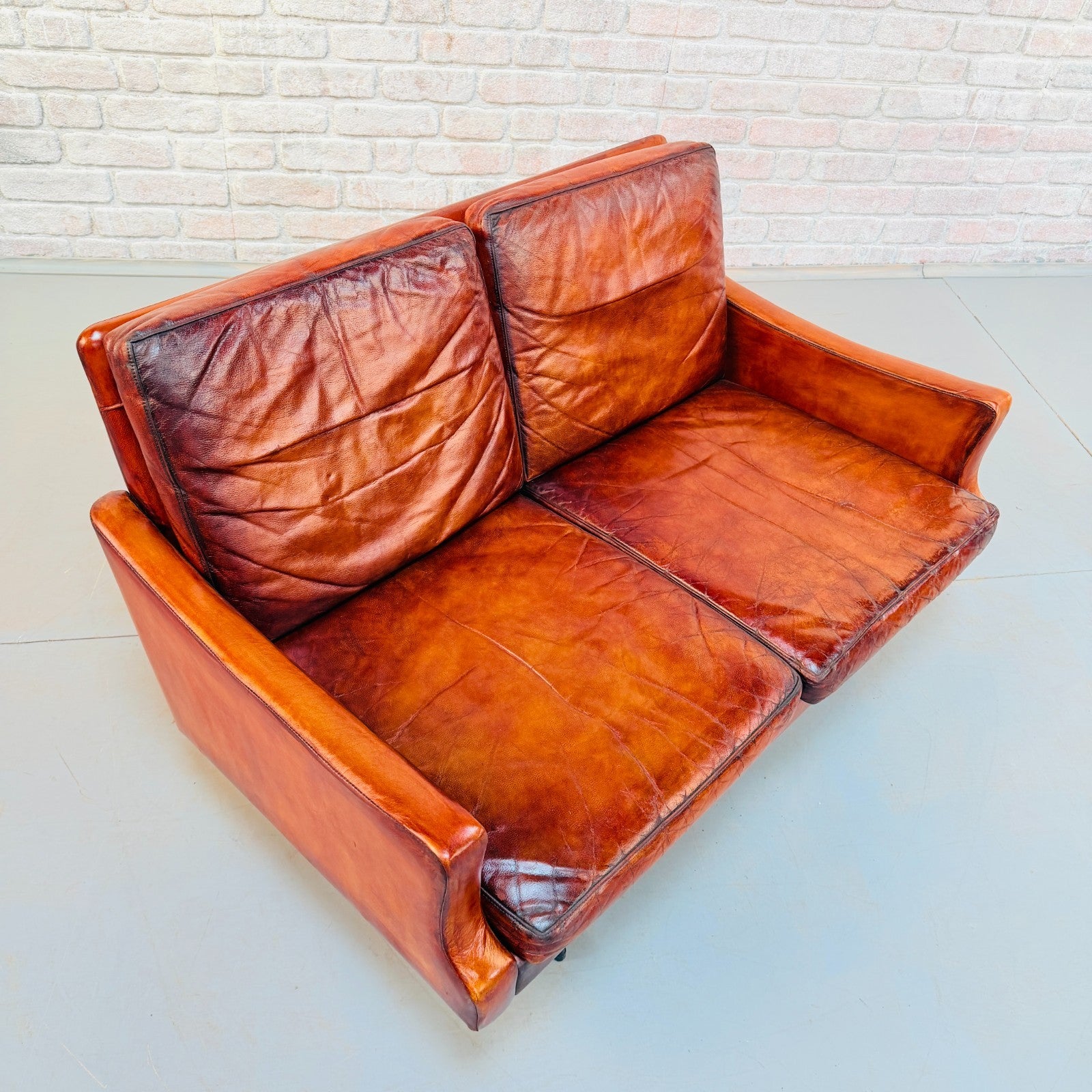 Vintage 1970s Danish Cognac Hand-Dyed Leather Two Seater Sofa
