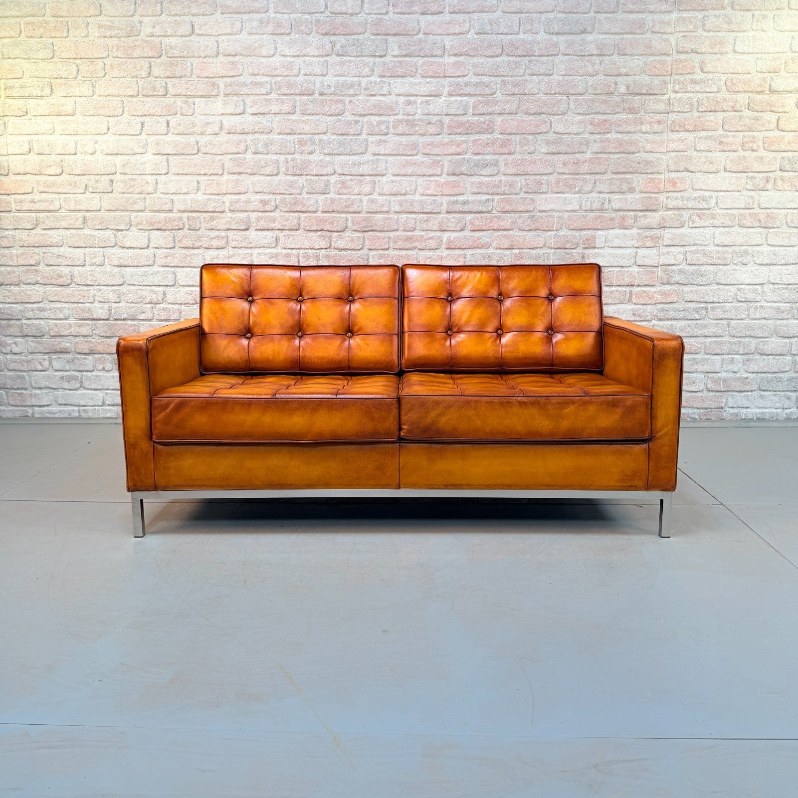 Vintage Florence Knoll Style Tan Leather Two Seater Sofa