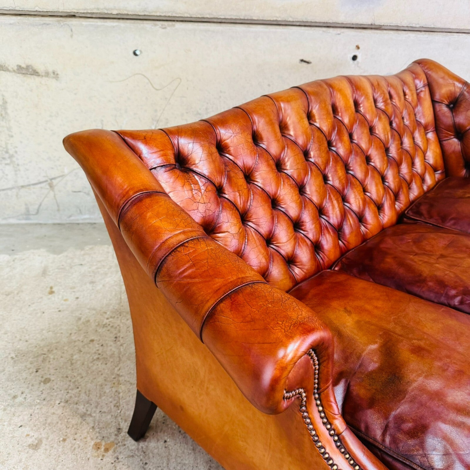 Mid-Century English Gainsborough Cognac Leather Chesterfield Three-Seater Sofa