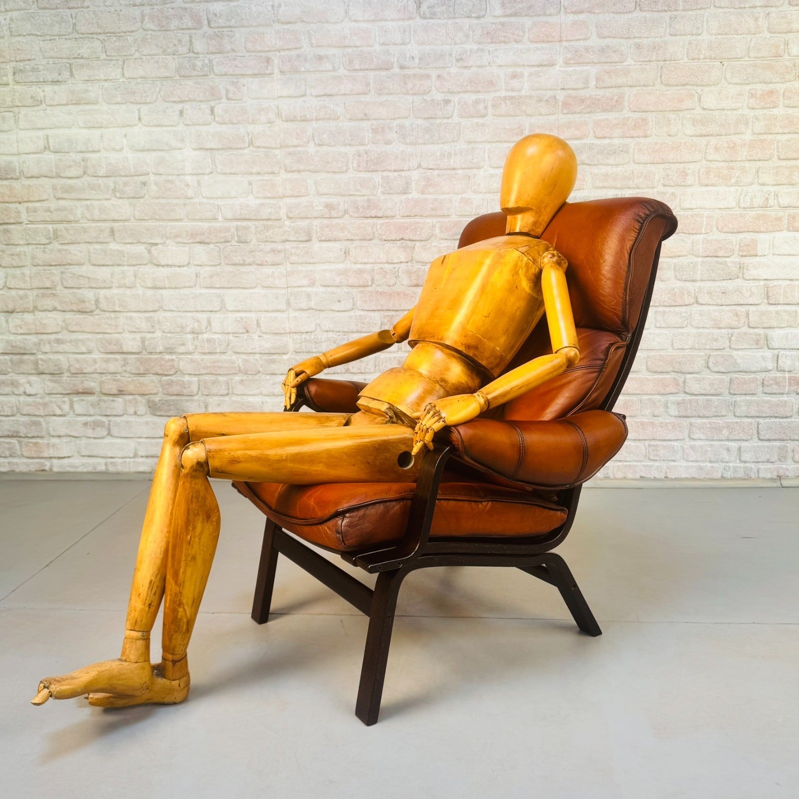 Vintage Danish High Back Armchair | Hand Dyed Tan Buffalo Leather | Beech Frame