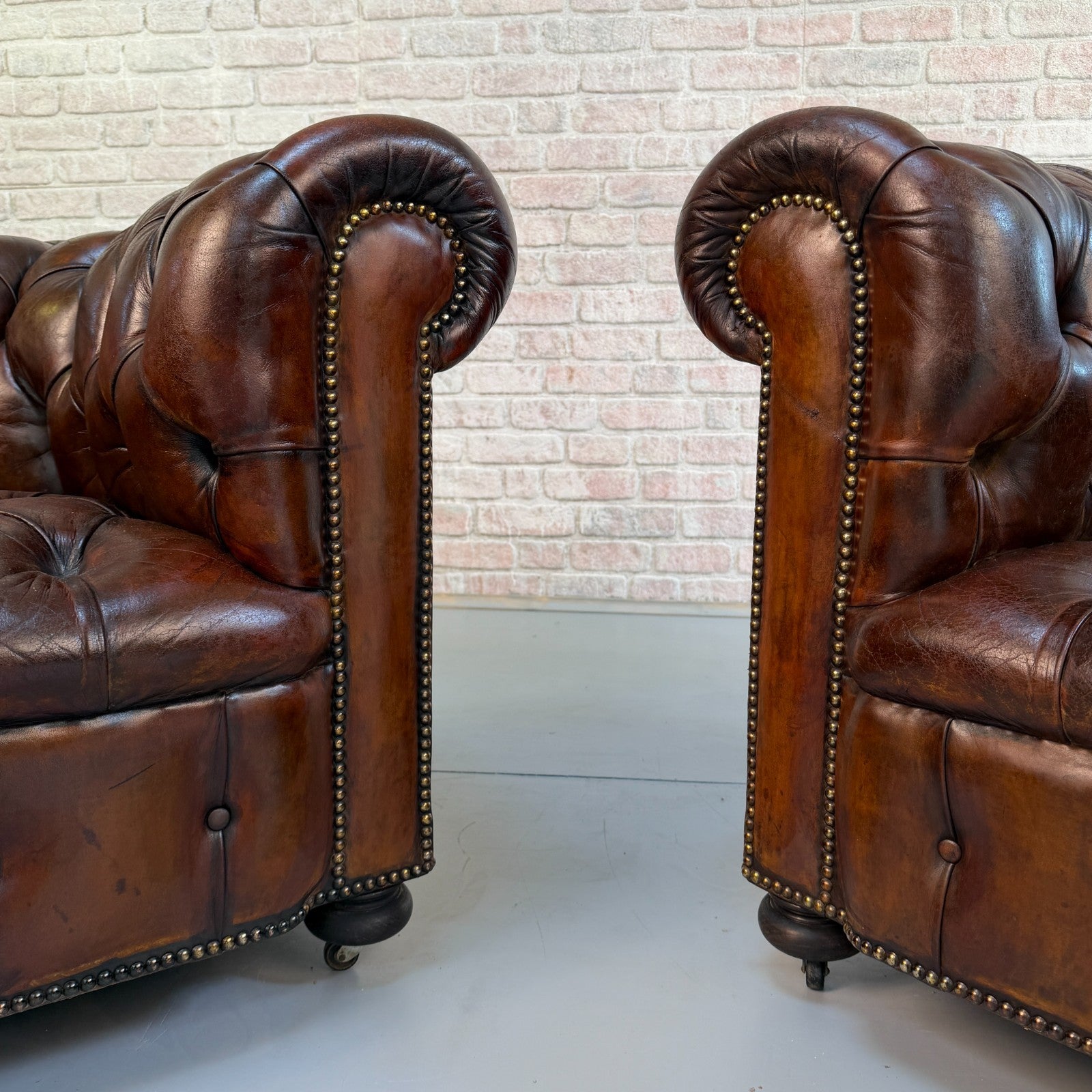 Vintage Pair of Chesterfield Dark Tan Leather Lounge Chairs – Circa 1950