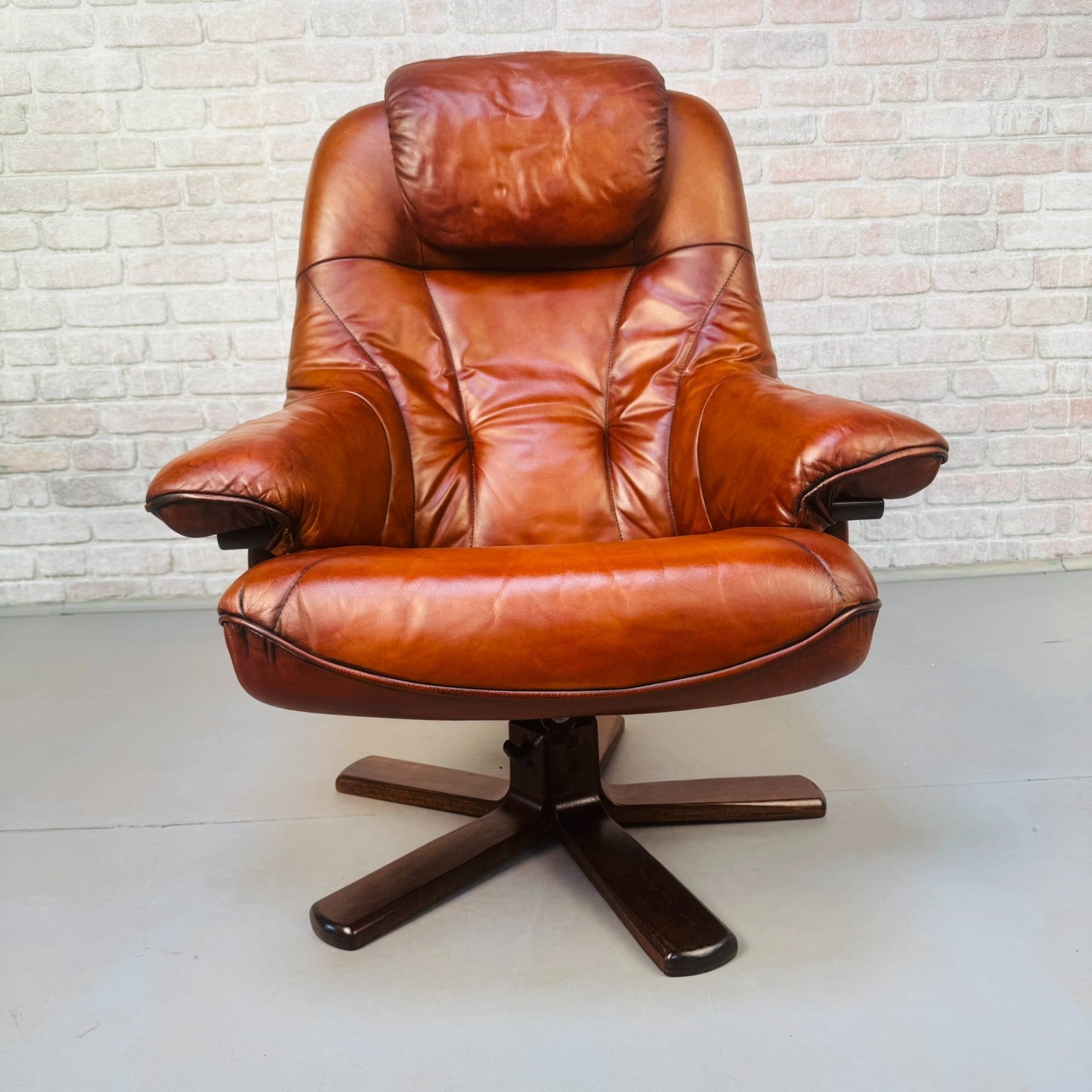 Vintage Danish Tan Leather Reclining Chair & Matching Footstool