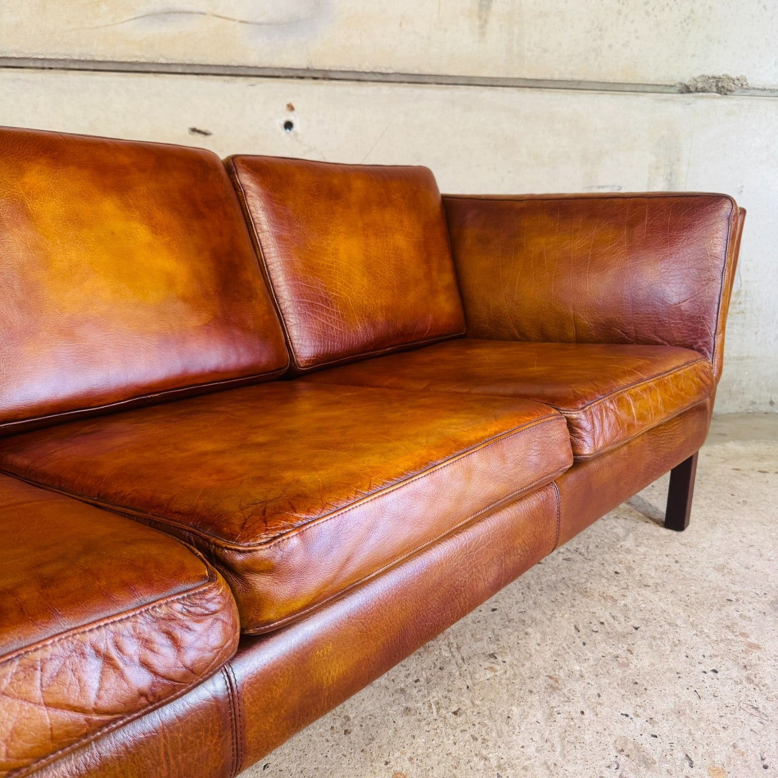 Danish Vintage Tan Leather 3 Seater Sofa — Sleek & Elegant