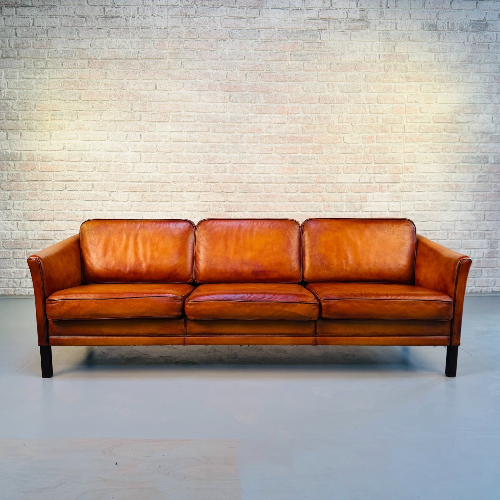 Vintage 1970s Danish Mogens Hansen Long Tan Leather Three Seater Sofa