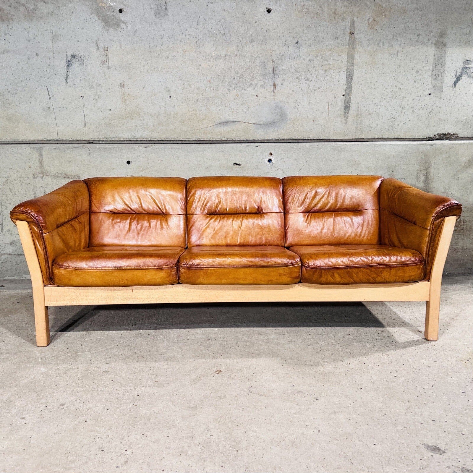 Long Vintage Swedish Three-Seater Patinated  Tan Leather Sofa