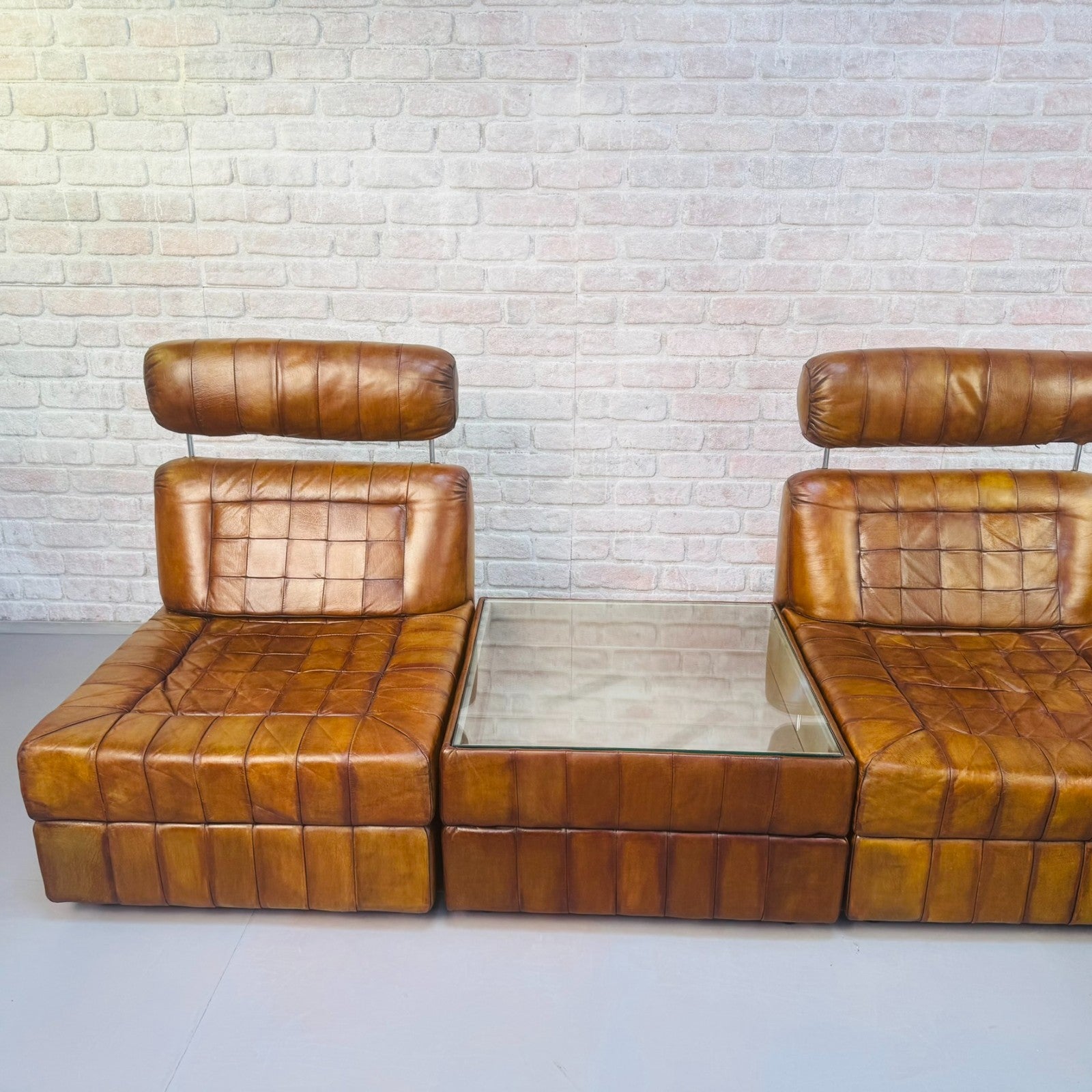 Rare Percival Lafer 60s Modular Sofa 4 Sections & Glass Top Table Tan Leather