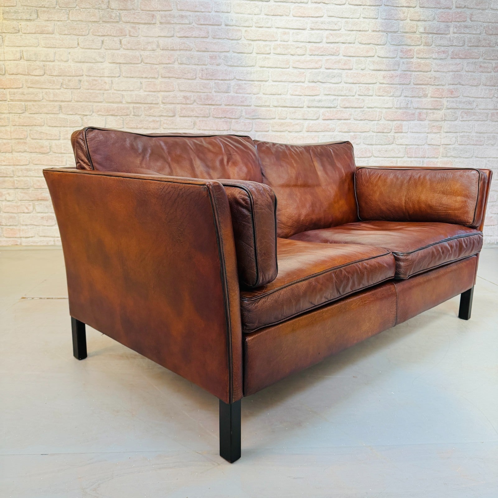 Vintage 1970s Danish Dark Tan Hand-Dyed Leather Two Seater Sofa