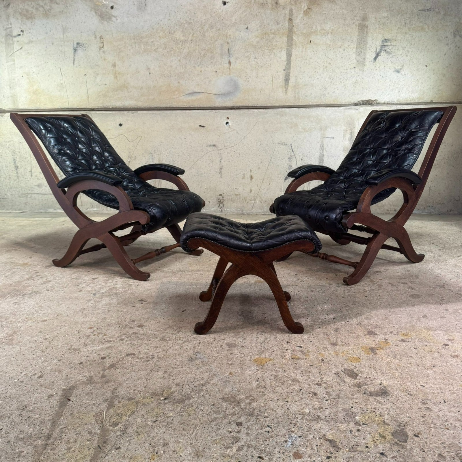 Pair of 1940s Spanish Slipper Chairs with Footstool – Pierre Lottier for Valenti