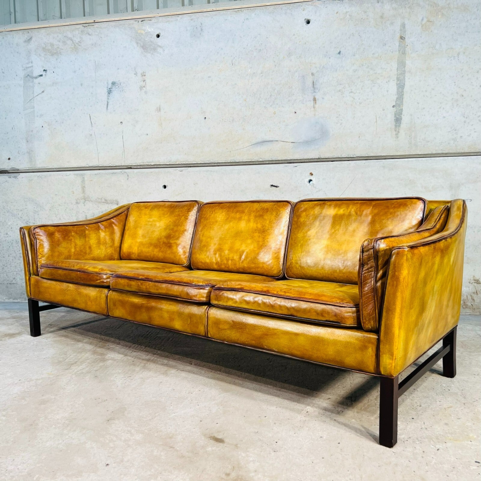 Vintage 1970s Danish Erik Jorgensen Patinated Light Tan Three-Seater Leather Sofa