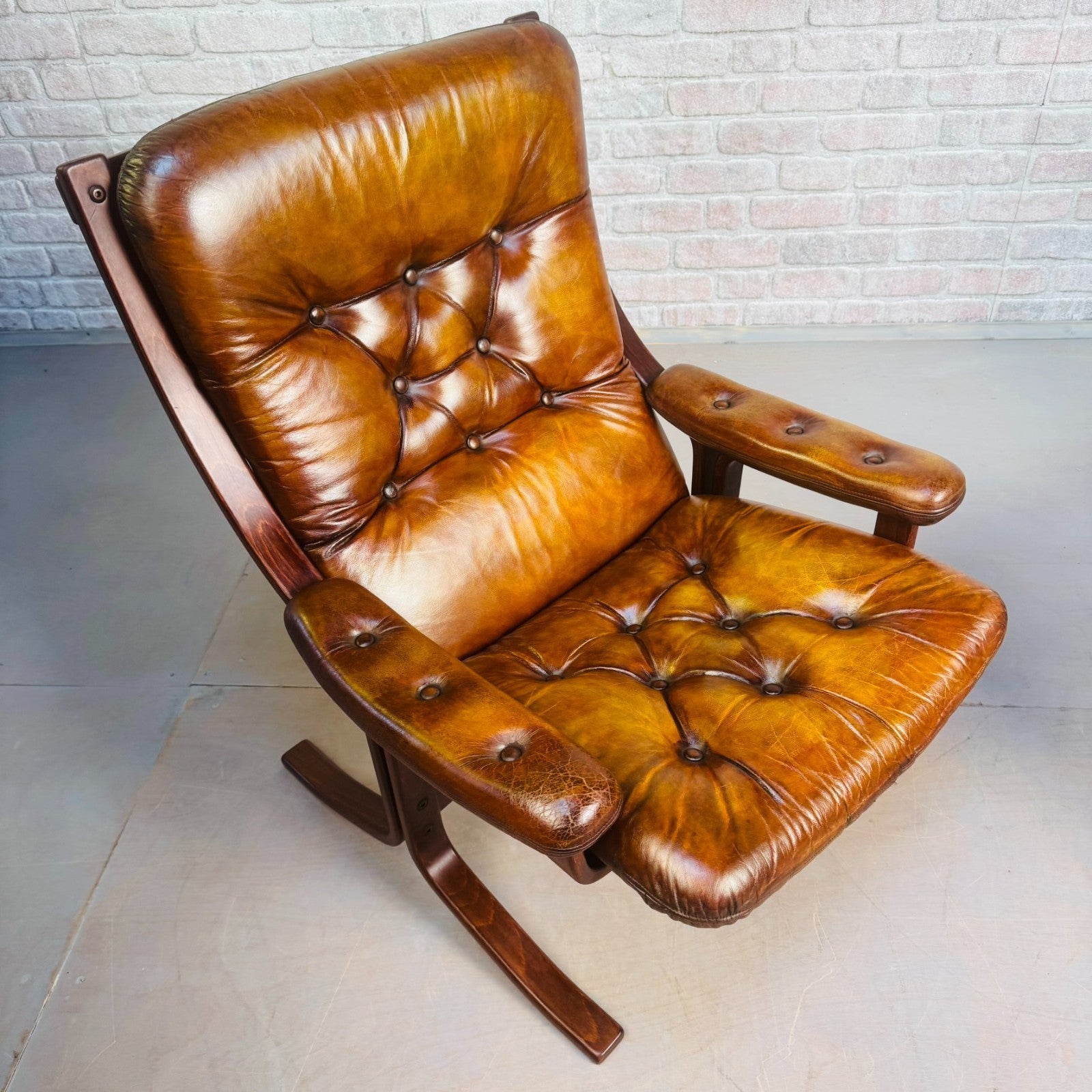 Pair of Vintage Danish Tan Leather Armchairs High Back Mid Century Chairs