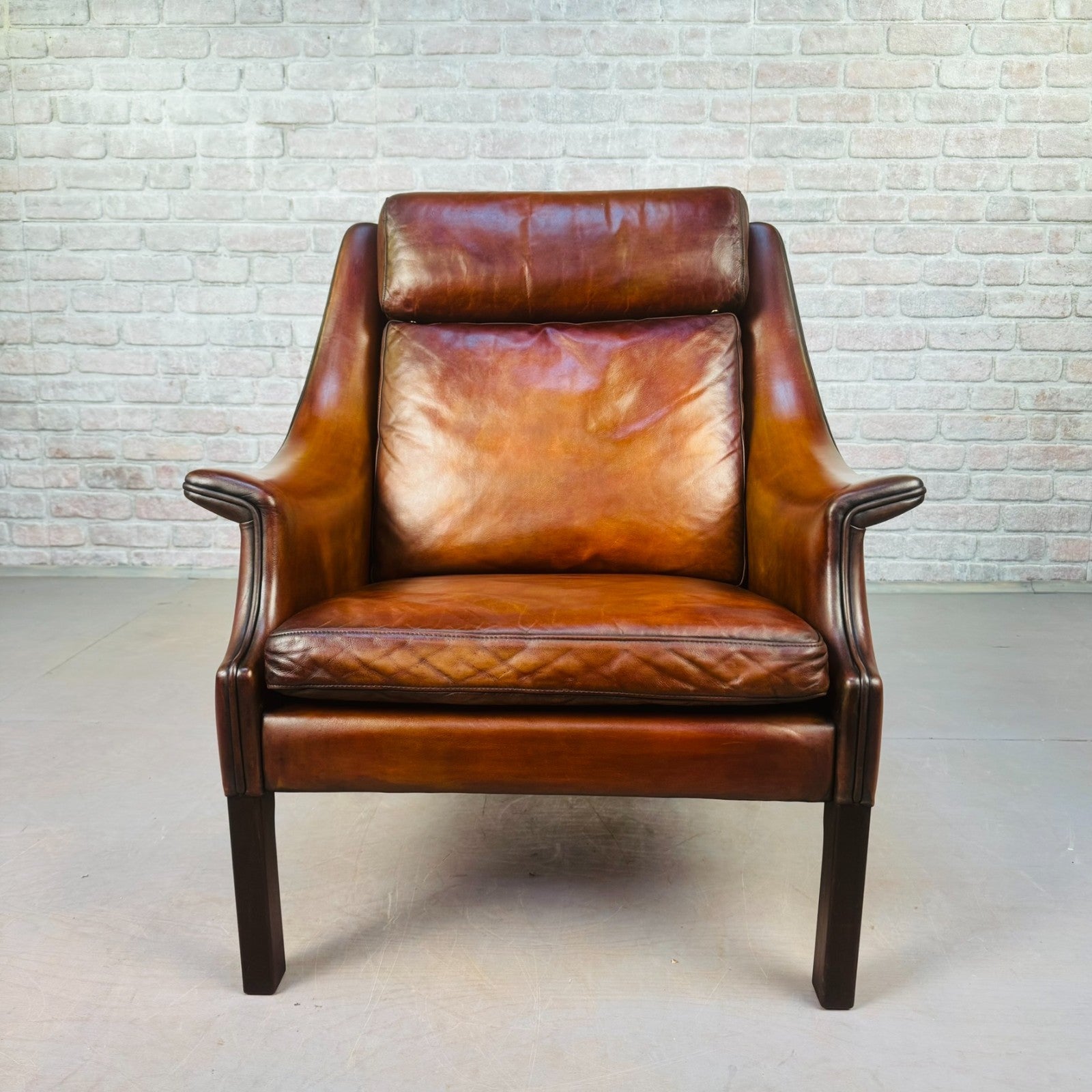 Vintage 1960s Aage Christiansen High Back Tan Leather Armchair
