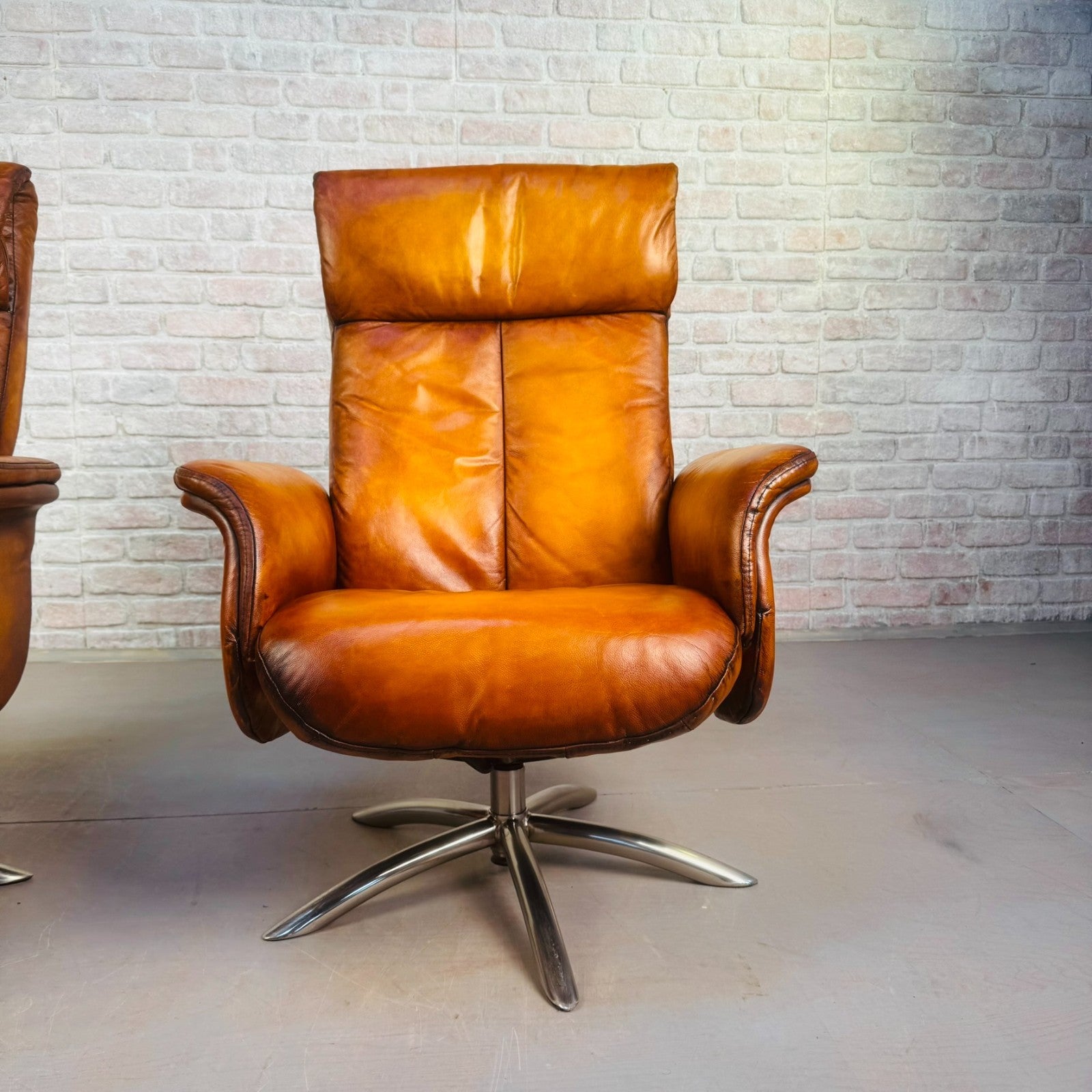 Vintage Pair of Danish High Back Swivel Recliner Chairs – Light Tan Leather