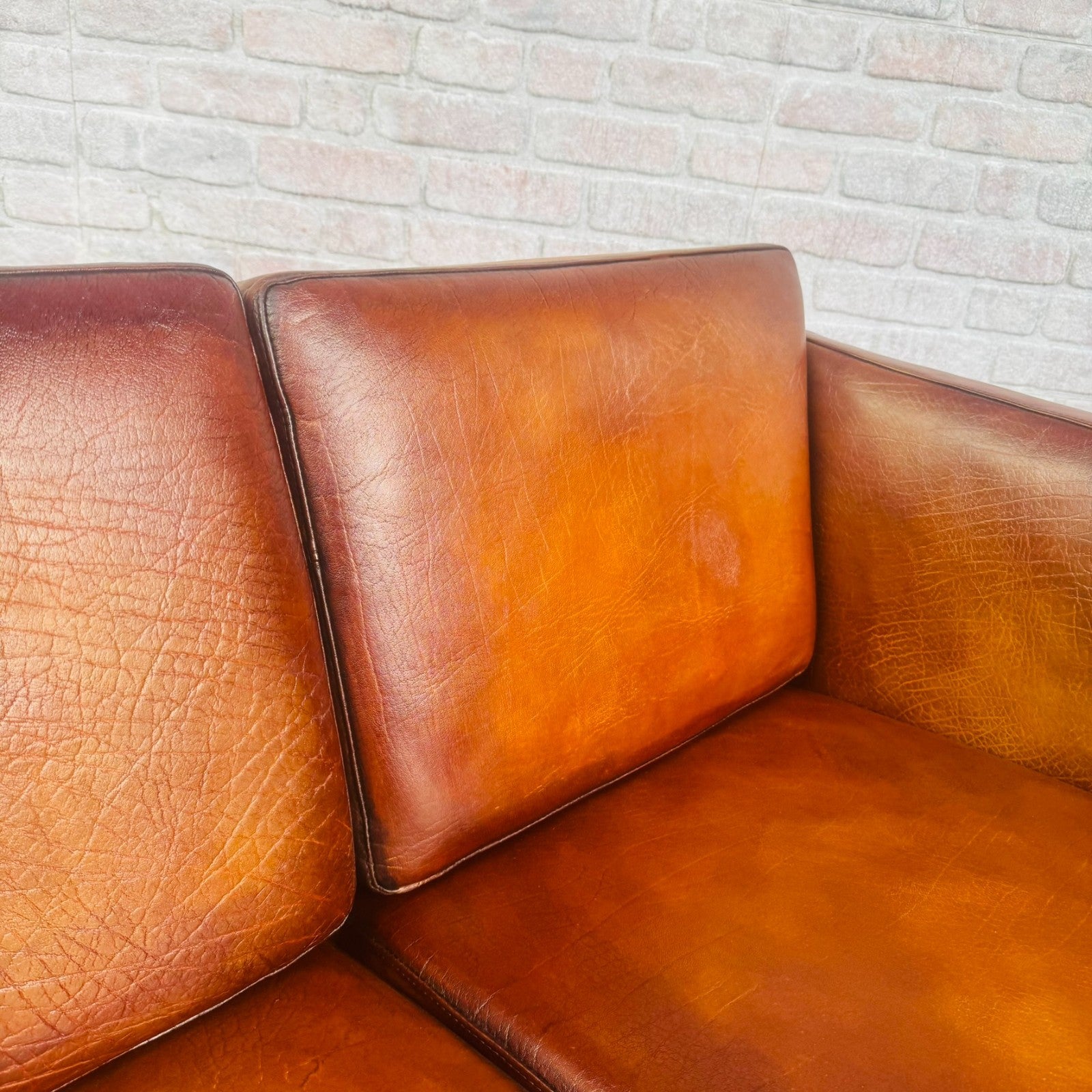Vintage Danish Tan Leather 2 Seater Sofa Compact Mid Century Space Saver