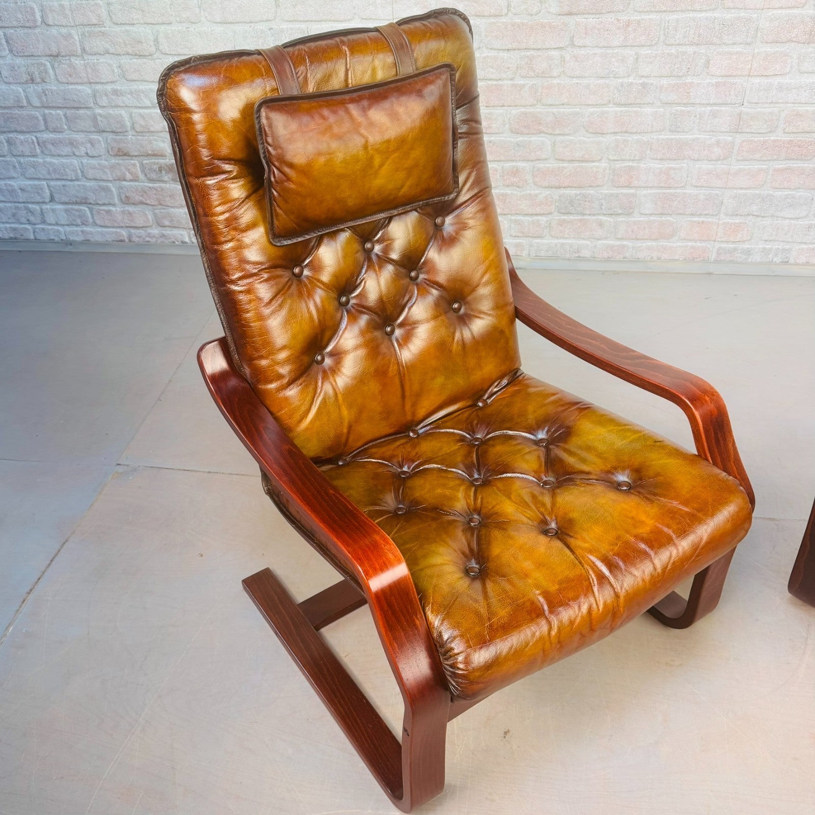 Pair of Vintage Scandinavian Tan Leather Bentwood Armchairs