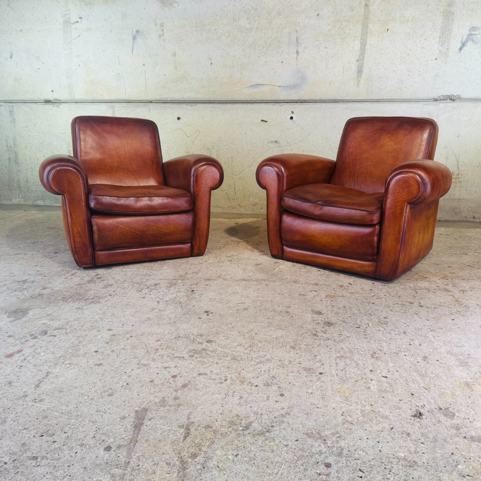 Pair of Vintage Art Deco Style Italian Tan Leather Club Chairs by Baxter