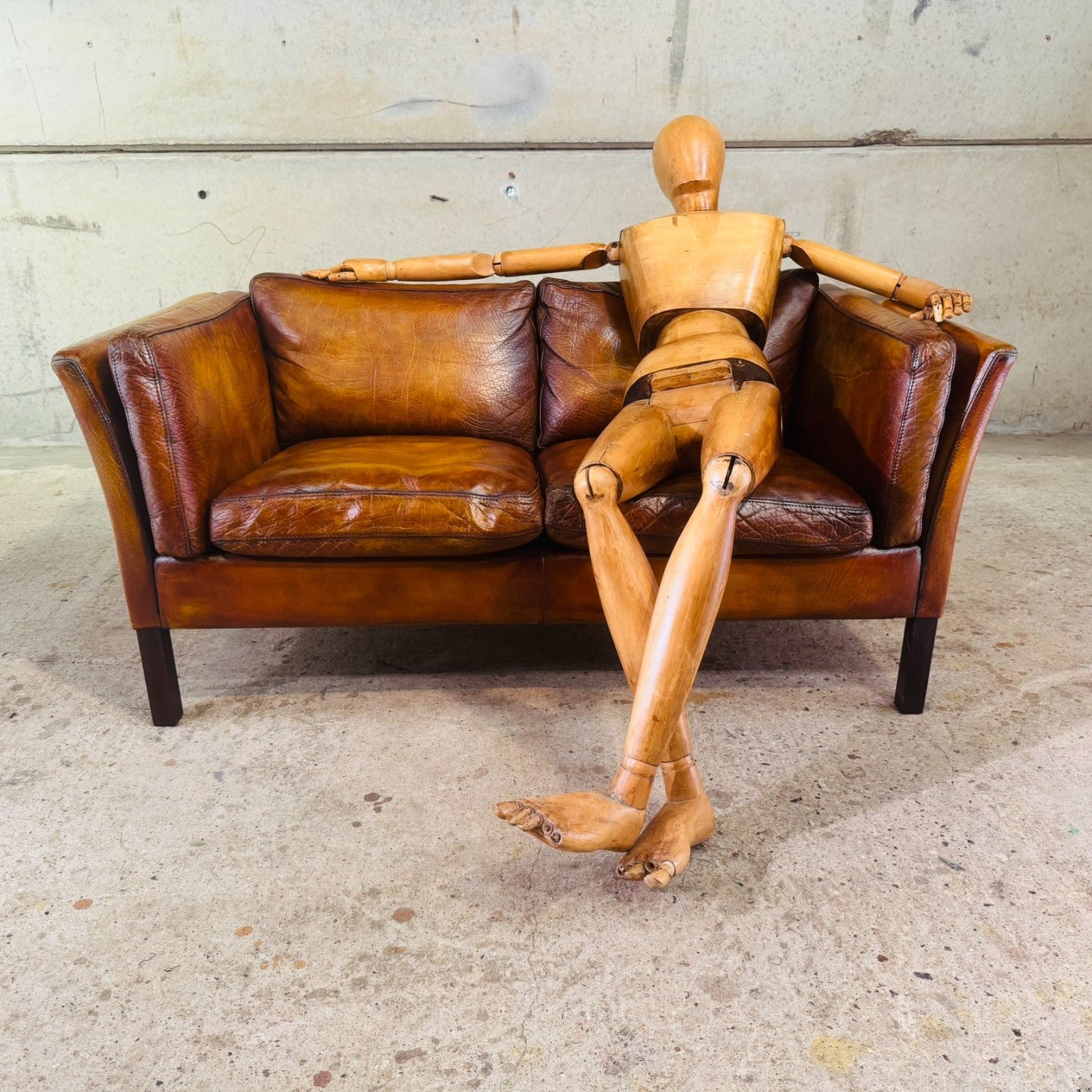 Vintage 1970s Danish Tan Leather Two-Seater Sofa