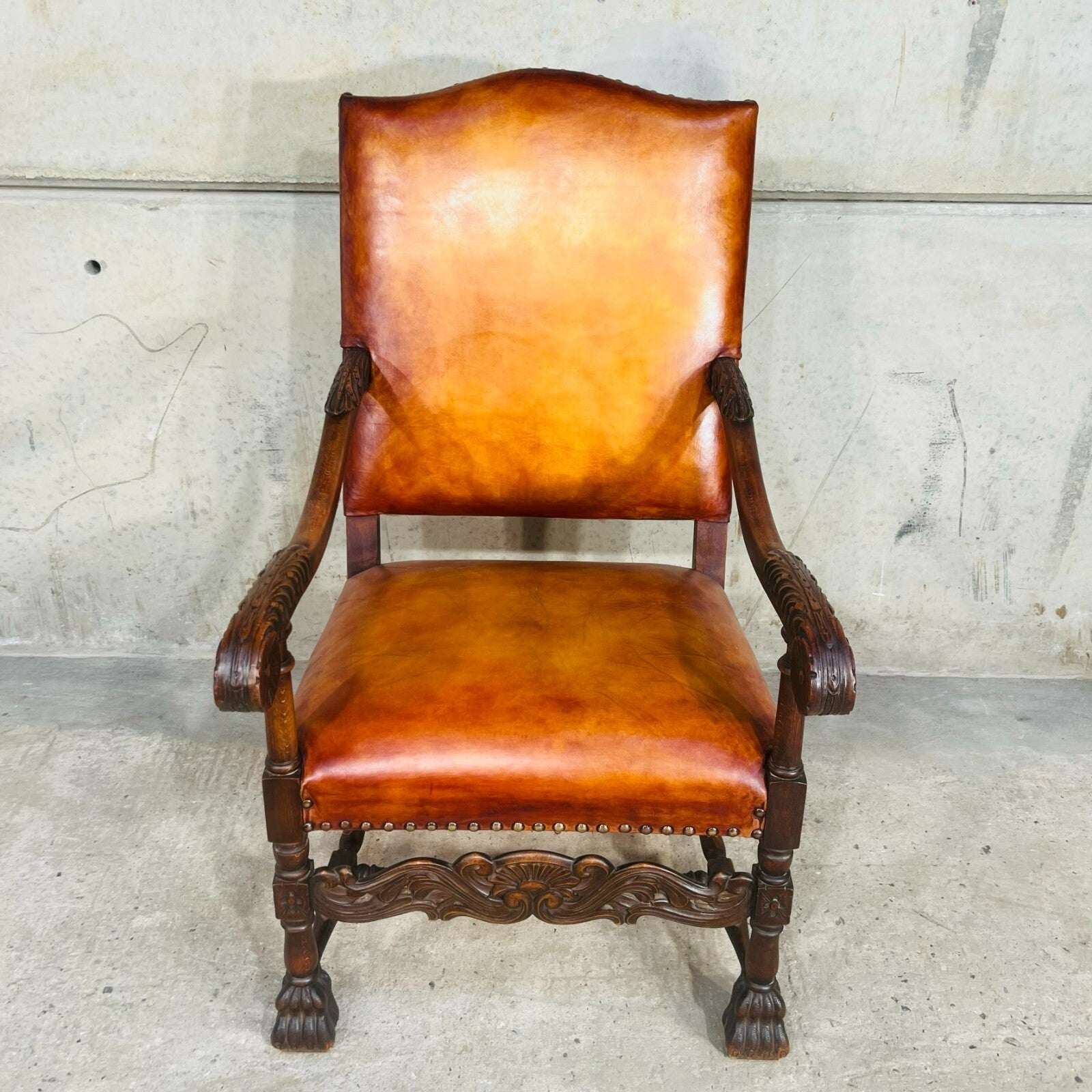 Cromwellian Revival Carved Oak and Leather Armchair Carver Chair