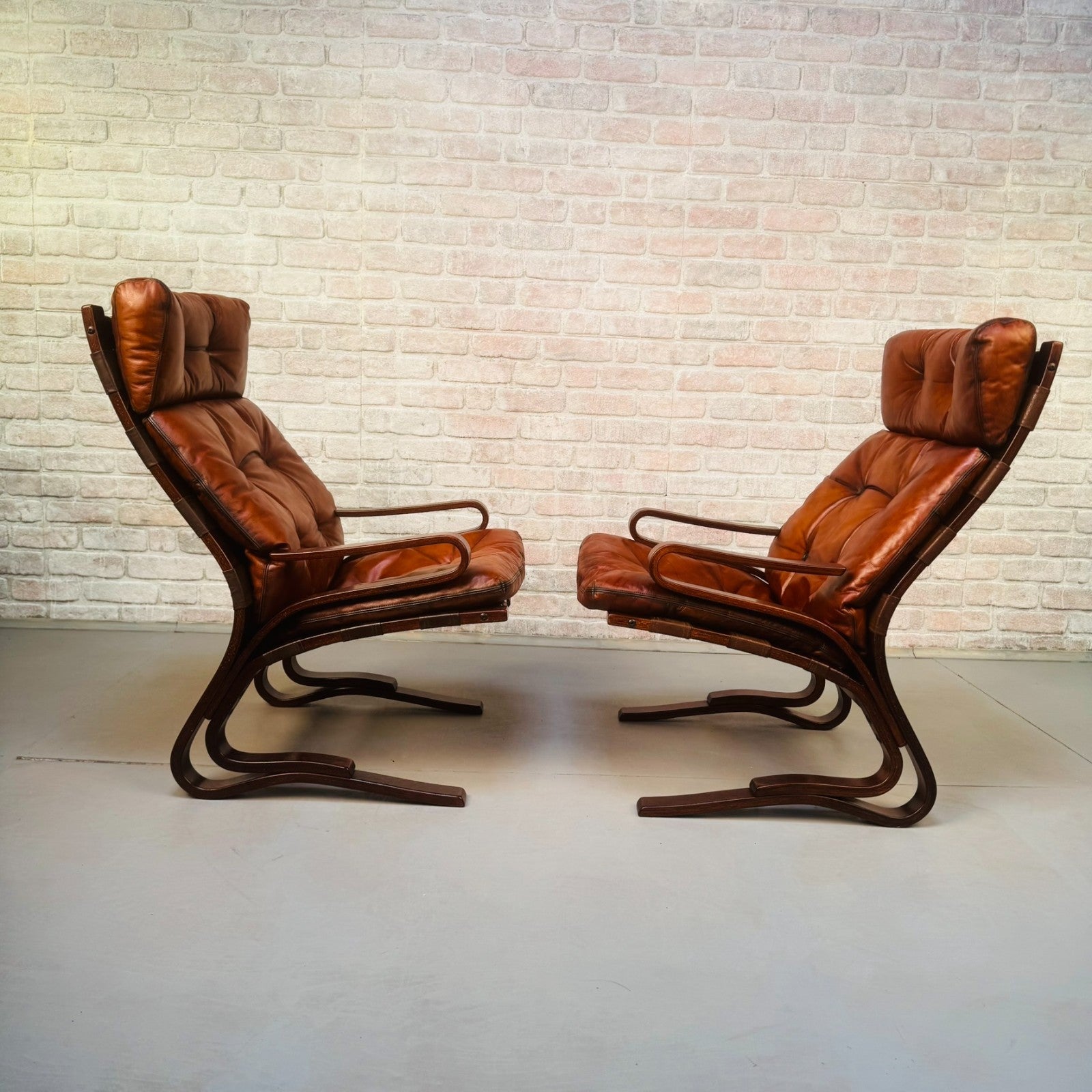 Vintage 1970s Hove Mobler Skyline Lounge Chairs Tan Leather Bentwood Beech