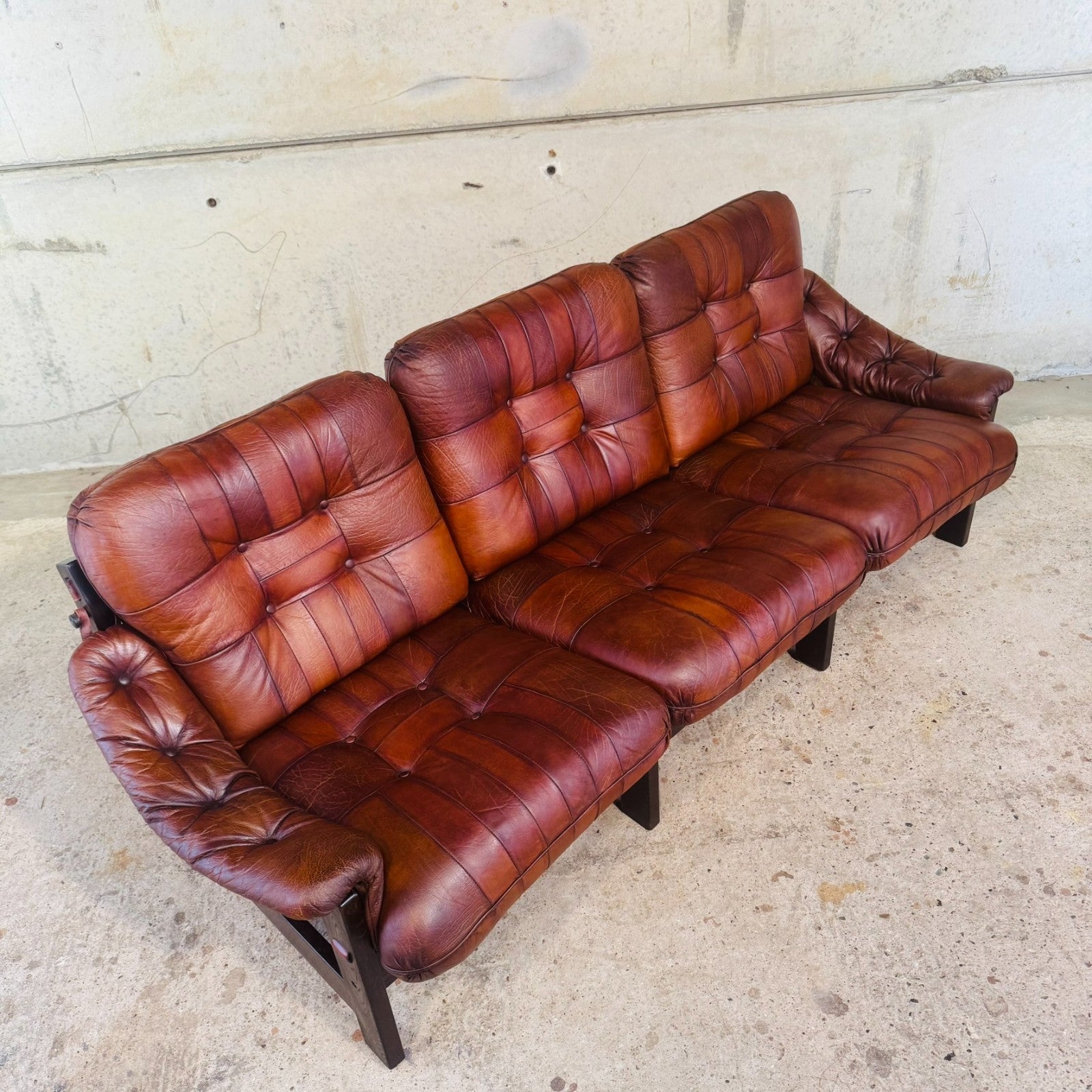 1970s Jean Gillon Brazilian Oak & Tan Leather Three-Seater Sofa