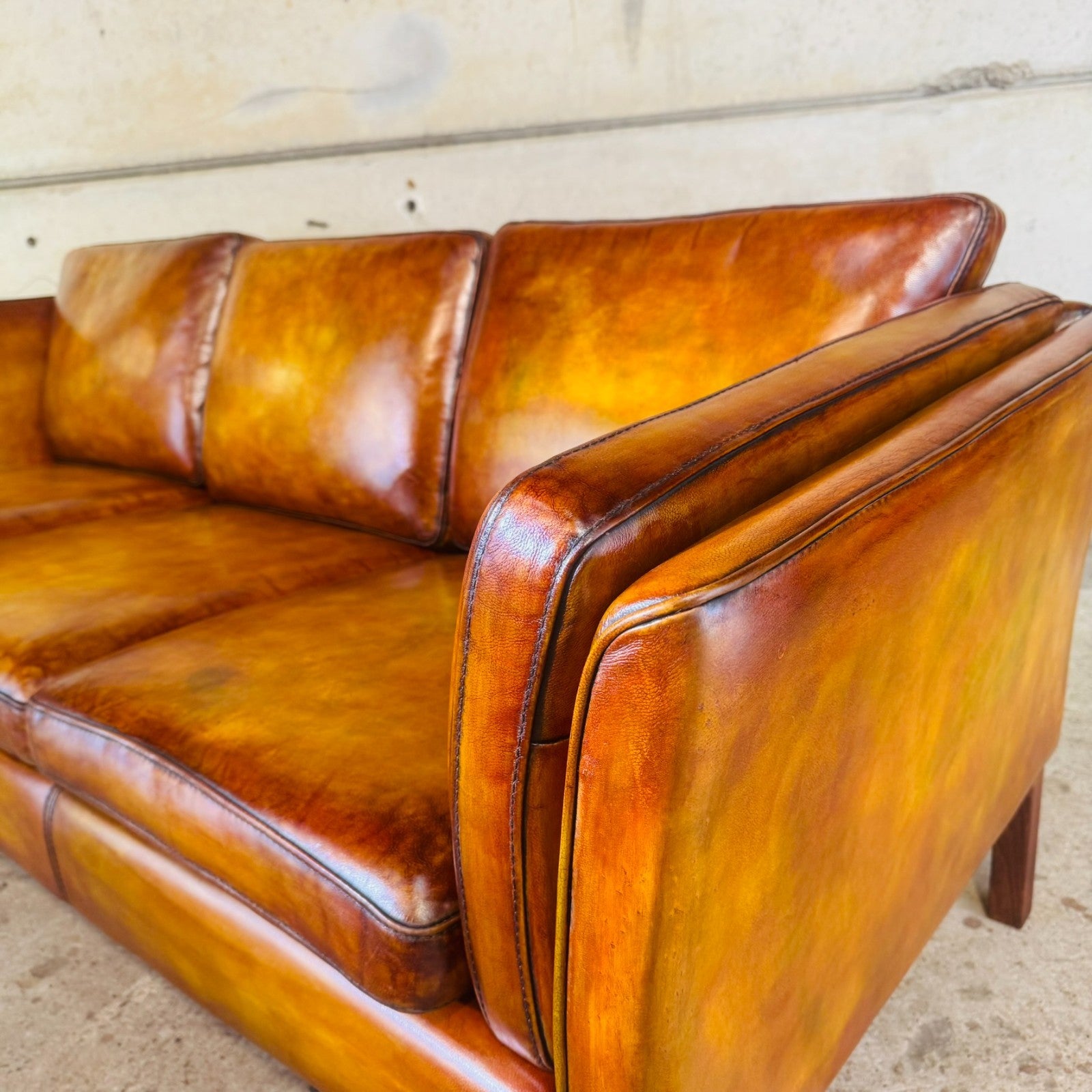 Vintage Danish Light Tan Leather Three-Seater Sofa