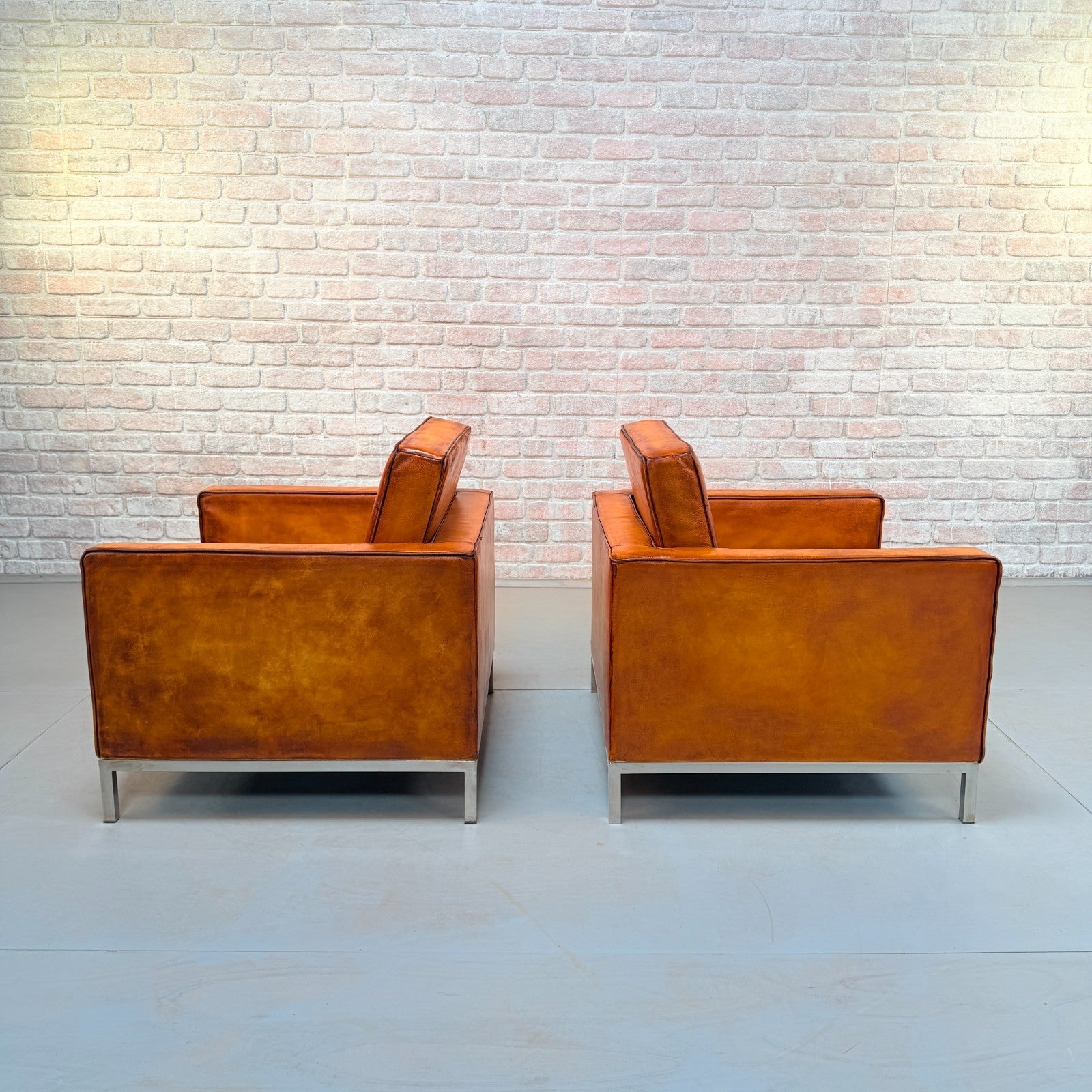 Vintage Pair of Florence Knoll Style Tan Leather Armchairs