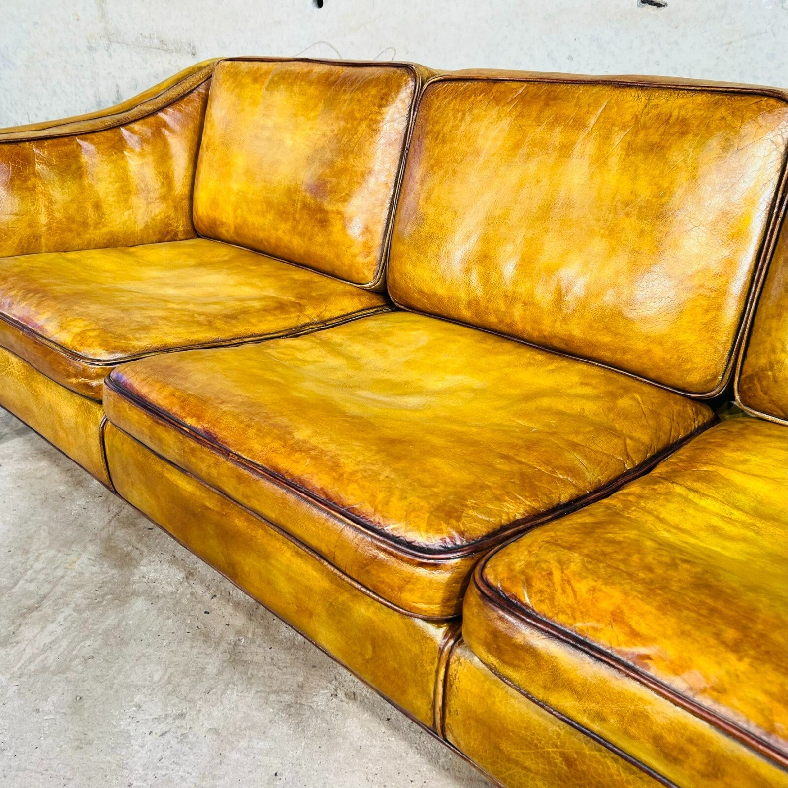 Vintage 1970s Danish Erik Jorgensen Patinated Light Tan Three-Seater Leather Sofa