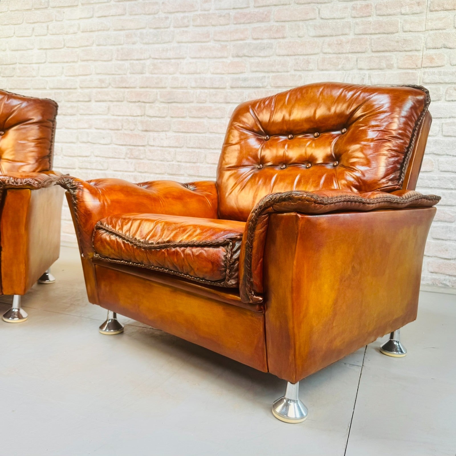 Vintage Danish Pair of Tan Leather Armchairs