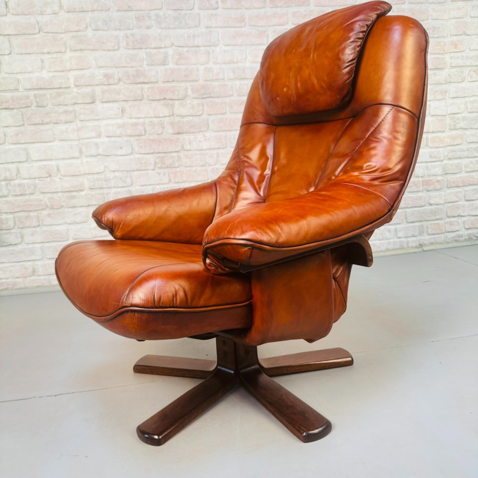 Vintage Danish Tan Leather Reclining Chair & Matching Footstool