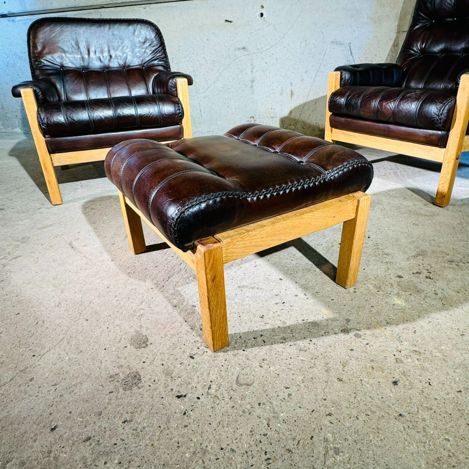 Vintage His and Hers Leather & Oak Swedish Chairs 1970s with Footstool