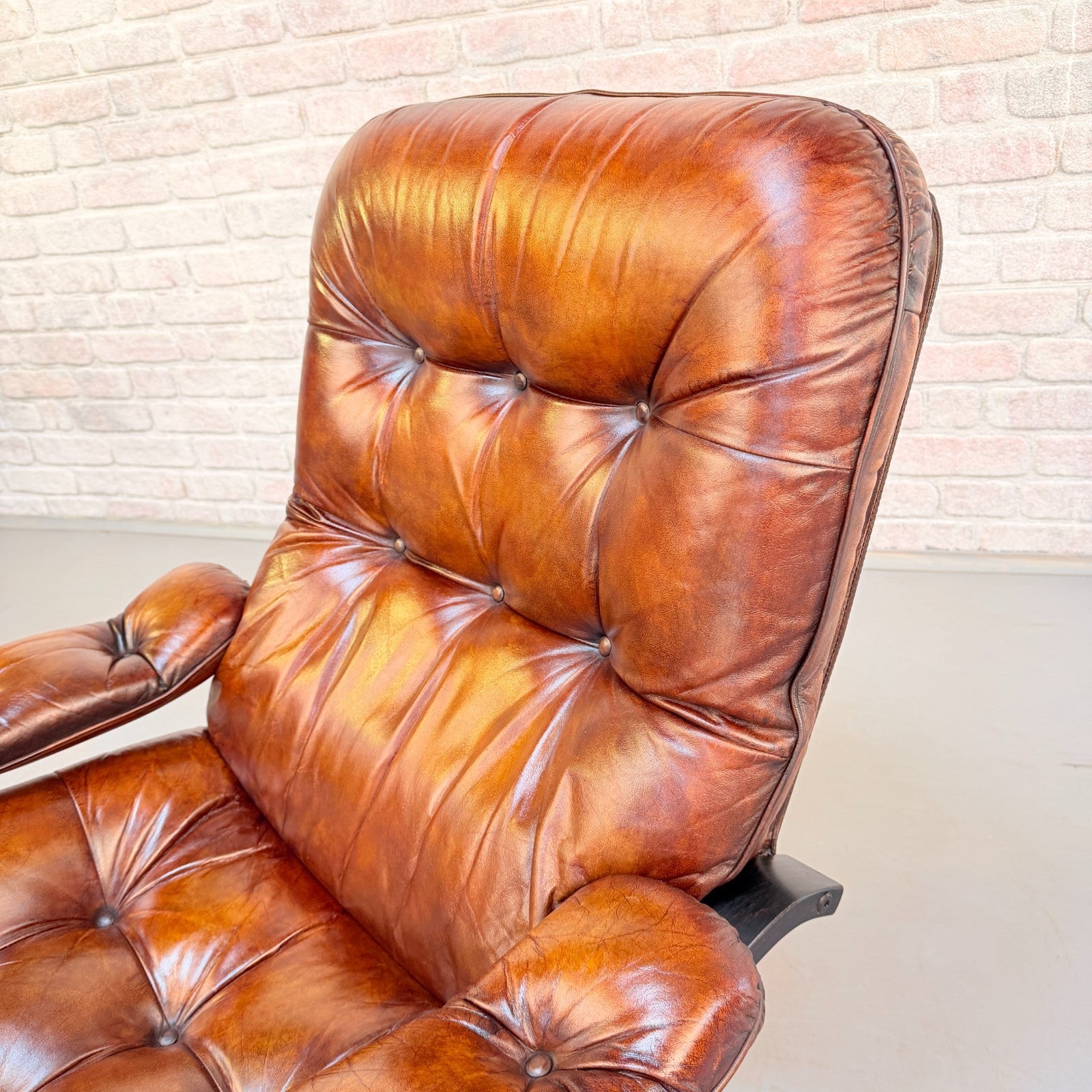 Vintage Danish Tan Leather Swivel Chair Hand Dyed Cognac Patina Lounge Chair