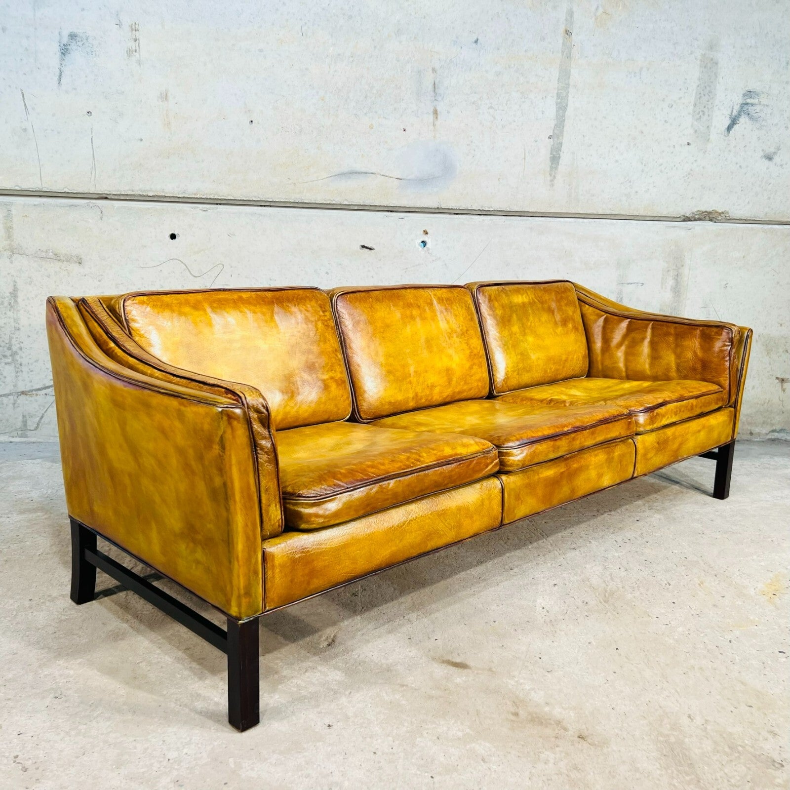 Vintage 1970s Danish Erik Jorgensen Patinated Light Tan Three-Seater Leather Sofa