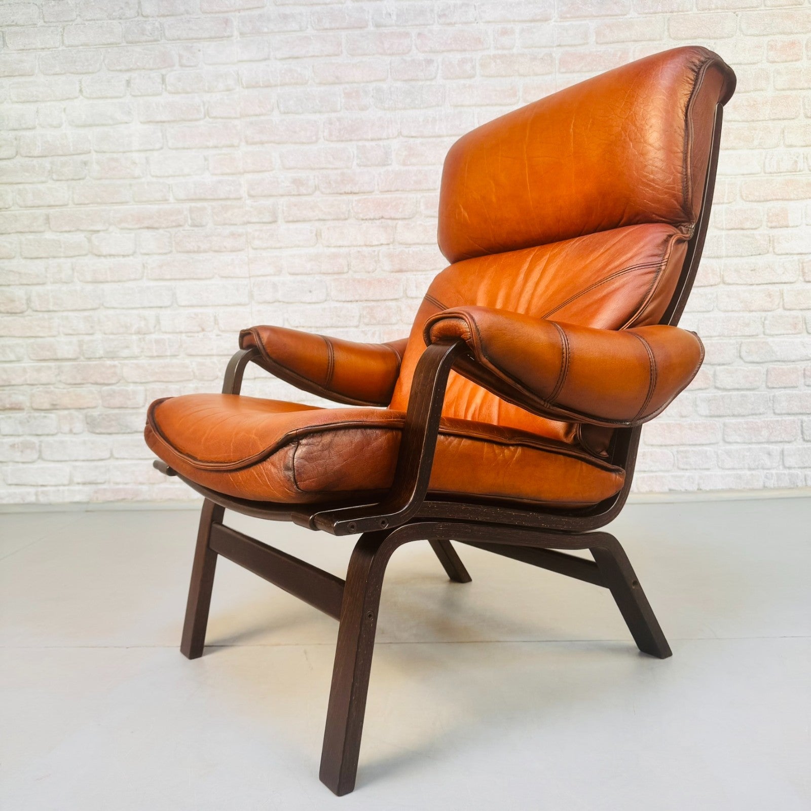 Vintage Danish High Back Armchair | Hand Dyed Tan Buffalo Leather | Beech Frame